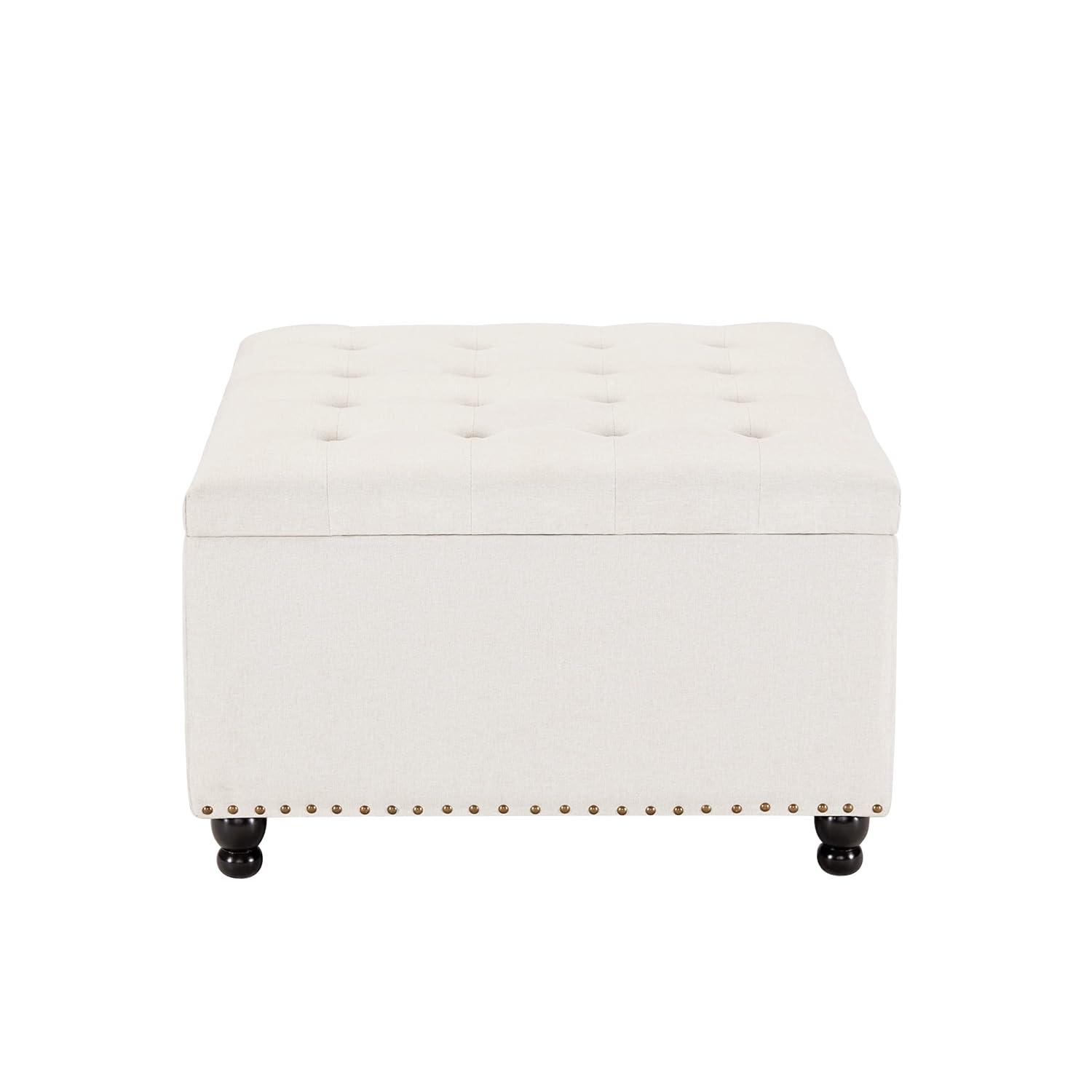 Tbfit Large Square Storage Ottoman Bench, Botton Tufted Upholstered Coffee Table with Wooden Legs, Oversized Storage Ottomans Toy Box Footrest for Living Room, Apartment, Beige