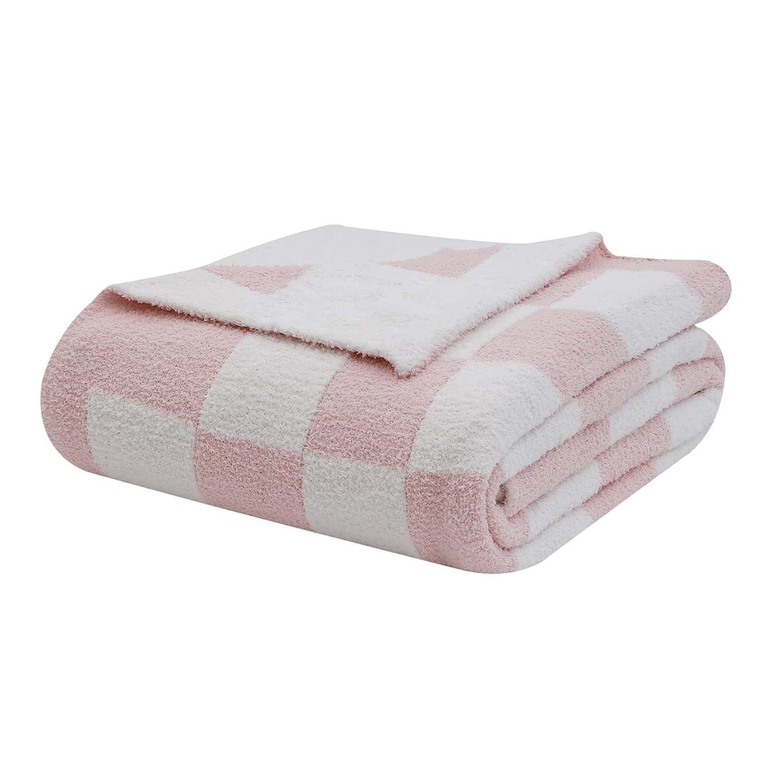 bearberry Fuzzy Checkerboard Grid Throw Blanket Knitted Soft Cozy Warm Microfiber Blanket Decor for Couch Sofa Bed Travel Home (Pink, 40''x50'')