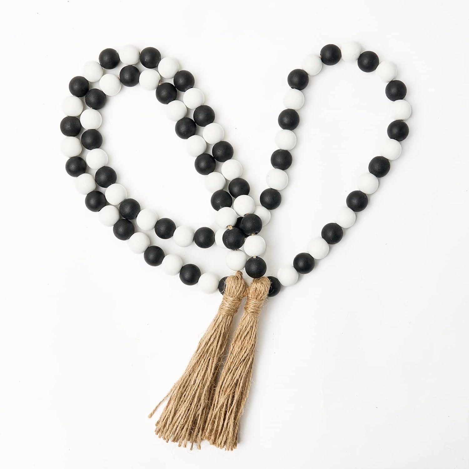 59in Black and White Wood Bead Garland with Jute Tassels