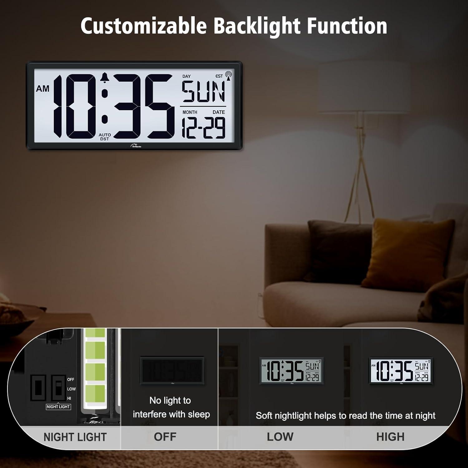 WallarGe 14.5'' Large Digital Wall Clock Battery Operated with Jumbo Numbers, Temperature and Date - Easy to Read and Set, Auto DST