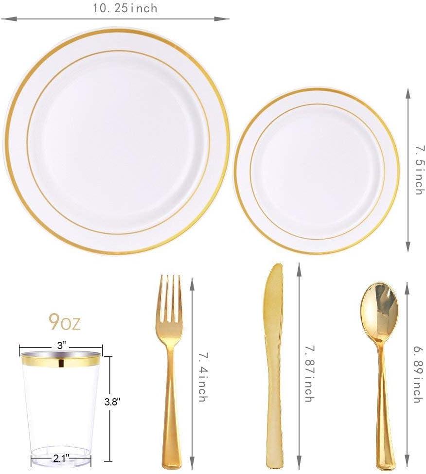 WELLIFE 150 Pcs Gold Plastic Plates, Plastic Dinnerware Set Includes: 25 Dinner plates 10.25", 25 Dessert plates 7.5", 25 gold Cups 9OZ and 25 gold Cutlery for Party
