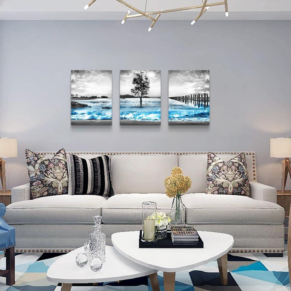 Wall Decorations For Living Room 3 Piece Framed Canvas Wall Art For Bedroom Office Wall Decor Black And White Wall Painting Blue Ocean Sea Wave Pictures Artwork For Modern Beach Posters Home Decor