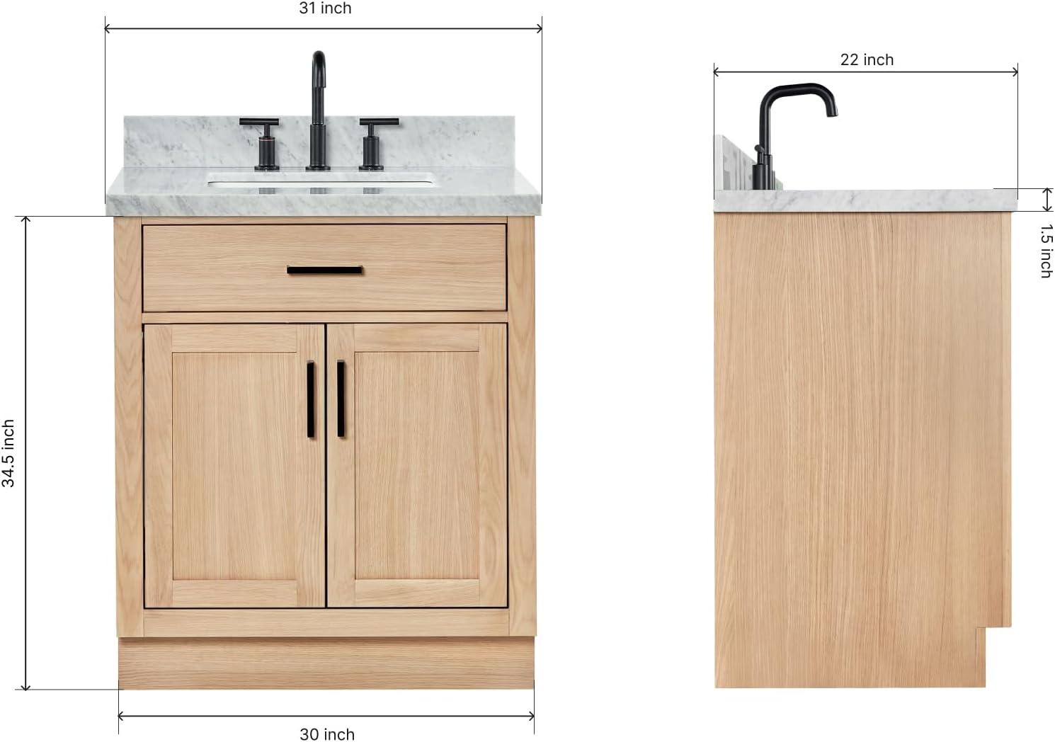 Ariel Hepburn 31 Inch Bathroom Vanity With Italian Carrara Marble Countertop 1.5 inch Edge In Oak