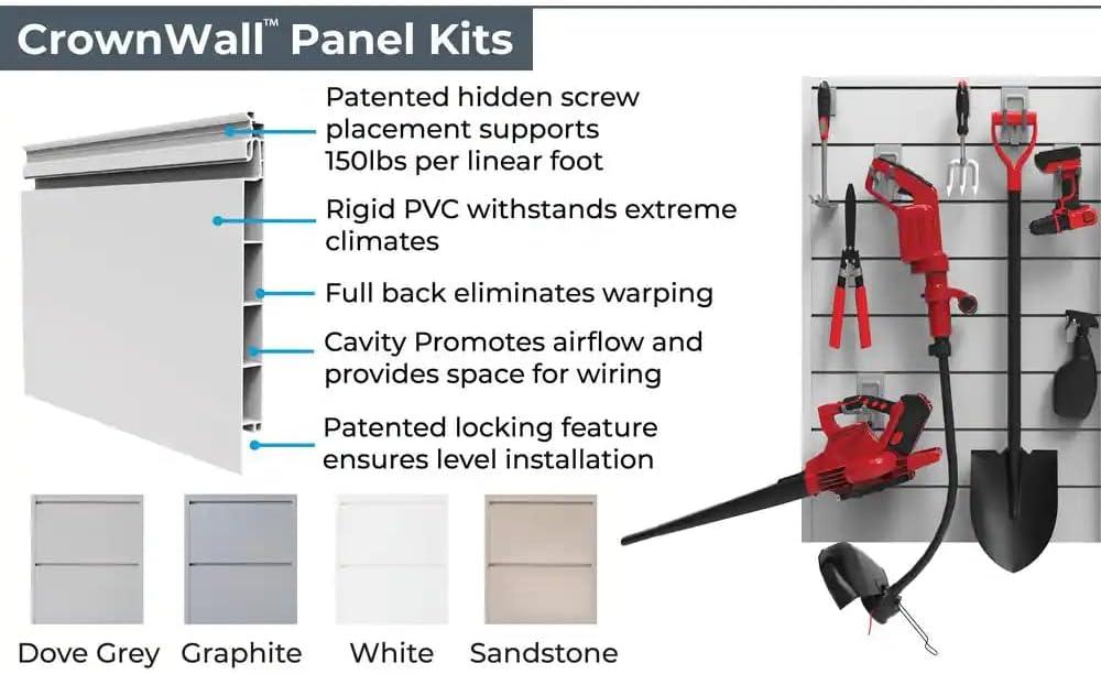 Crownwall 6" Basic Bundle (8x4 ft) with 20-Piece Locking Hook Kit, Slatwall Panels -  Graphite