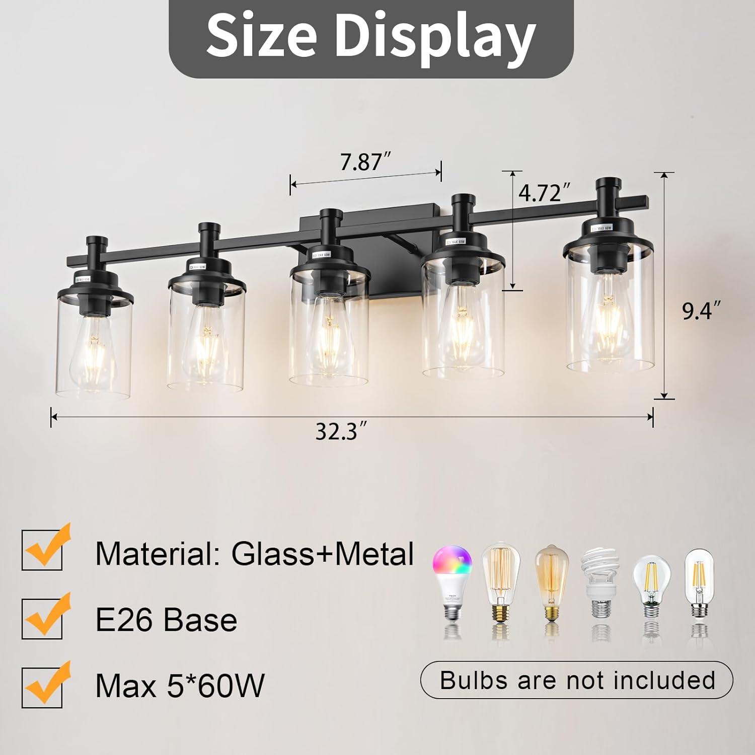 Matte Black 5-Light Bathroom Vanity Fixture with Glass Shades