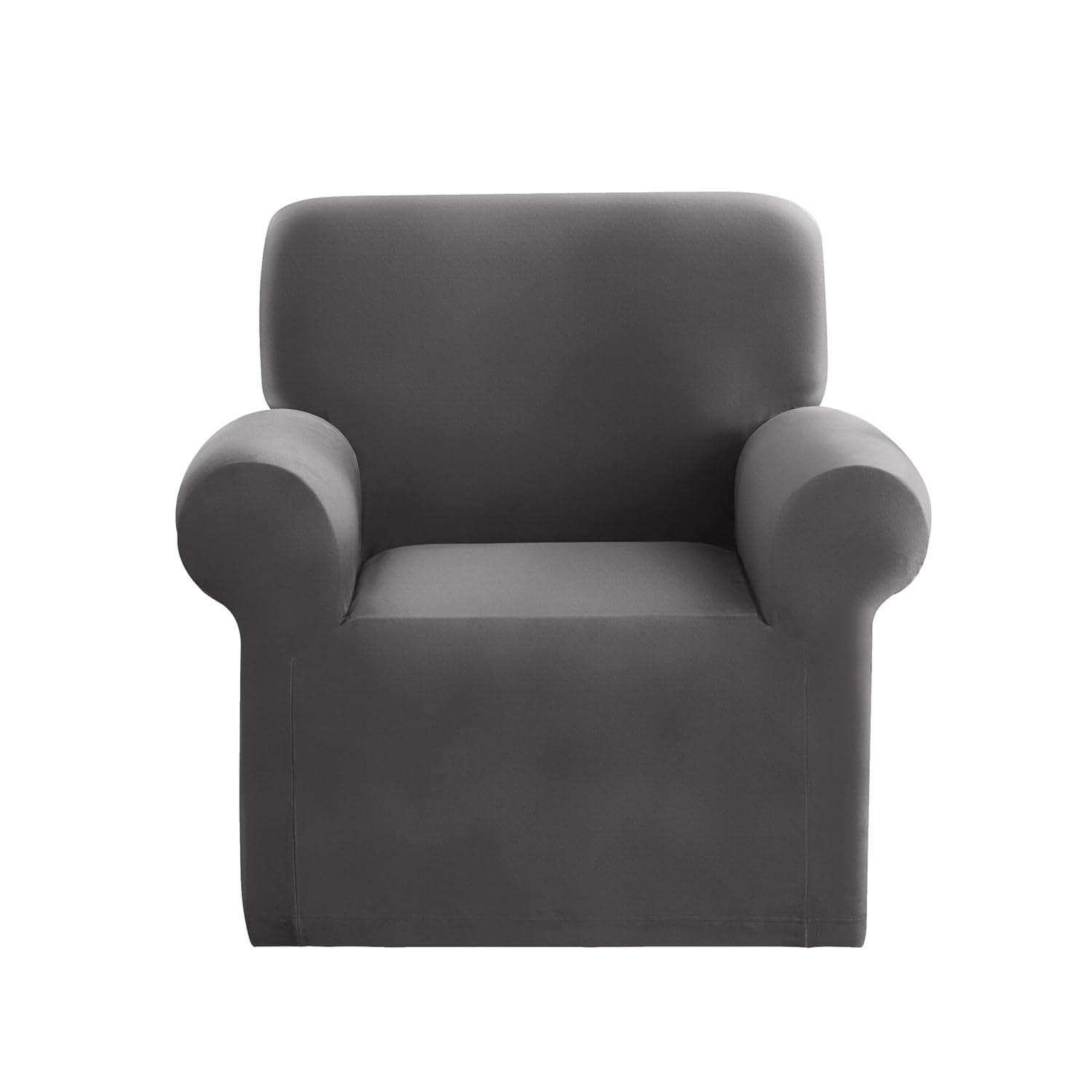 SureFit Hampstead Stretch Velvet Chair Slipcover, One Piece Chair Covers, Charcoal Chair Cover