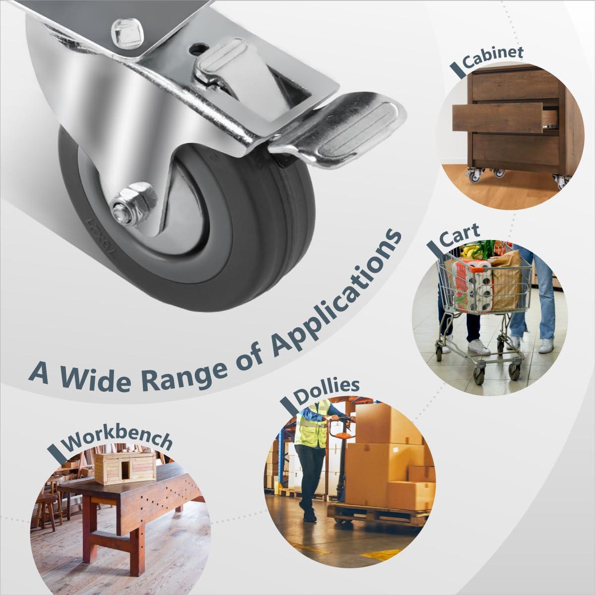 POWERTEC 4PK 3 Inch Heavy Duty Dual Locking Swivel Plate Caster Wheels with 640 lbs Total Loads, Industrial Castor Wheels for Workbench, Dolly, Cart & Furniture (17023-P4)