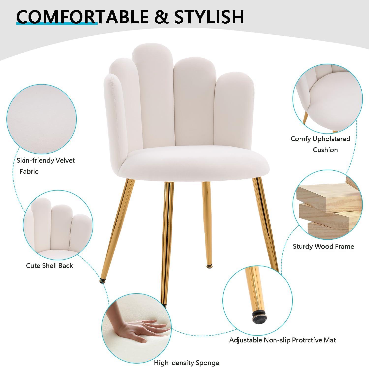 Vanity Chair with Back Makeup Chair for Makeup vanities Modern Cute Velvet armless Accent Chair with Gold Legs for Living Room/Bedroom/Kitchen (1, Ivory White)