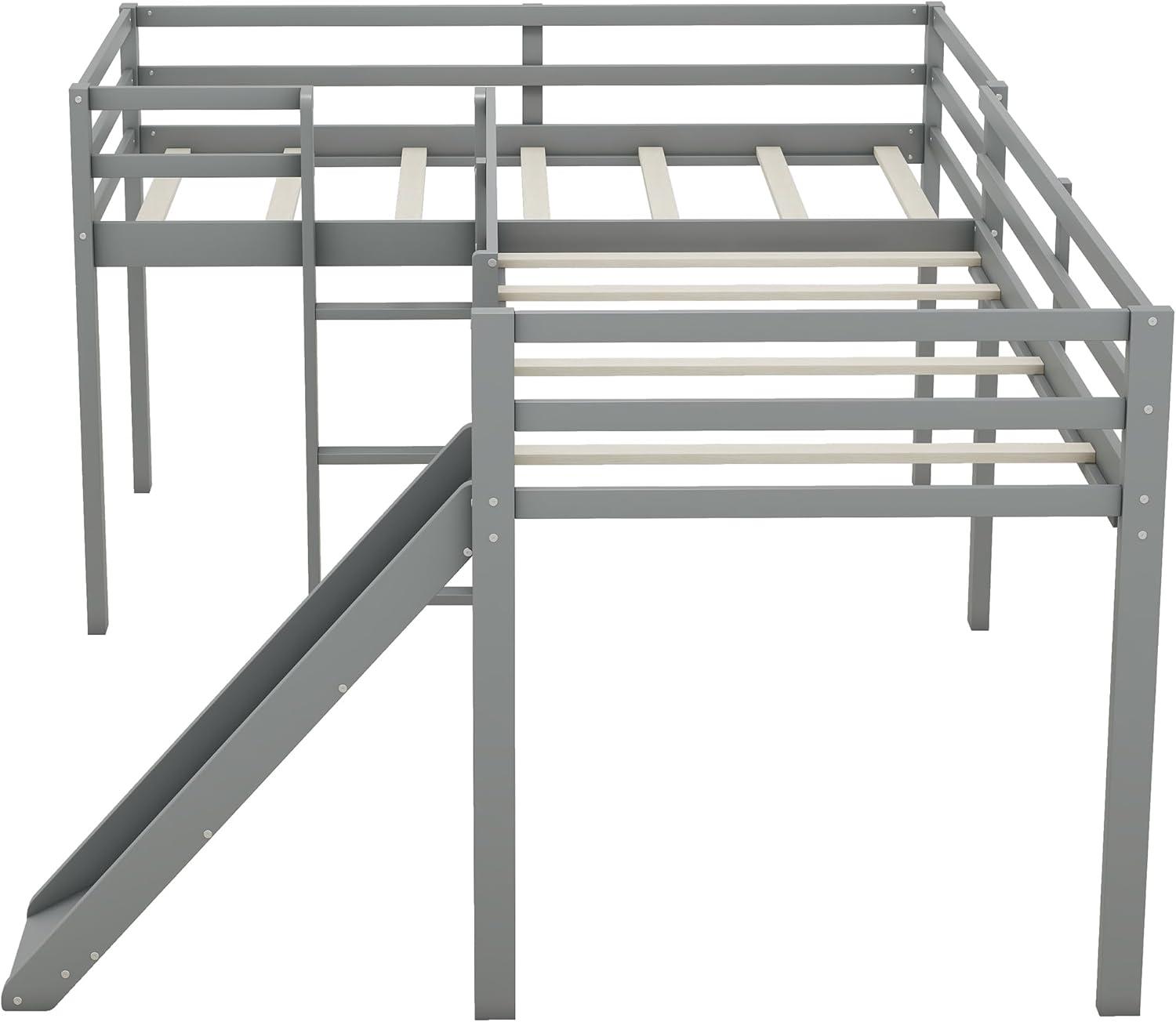 Harper & Bright Designs L-Shaped Loft Bed with Slide, Wooden Low Loft Beds for 2 Kids, Twin Size Low Loft Bed with Built-in Ladders, Gray