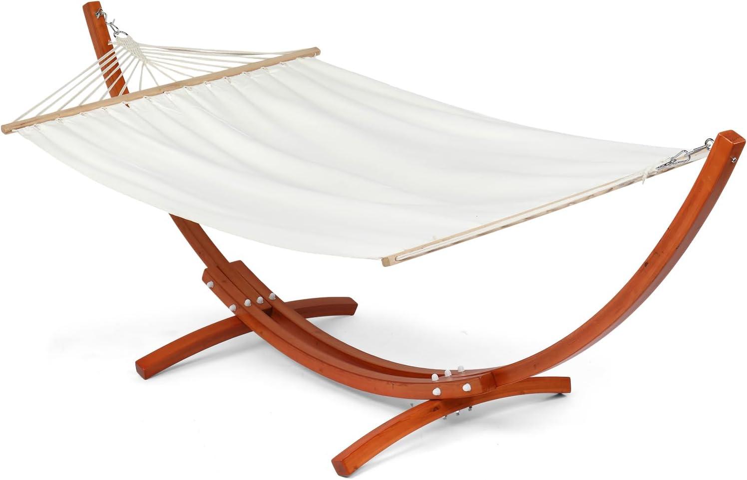 10.5 ft White Canvas Double Hammock with Pine Wood Arc Stand