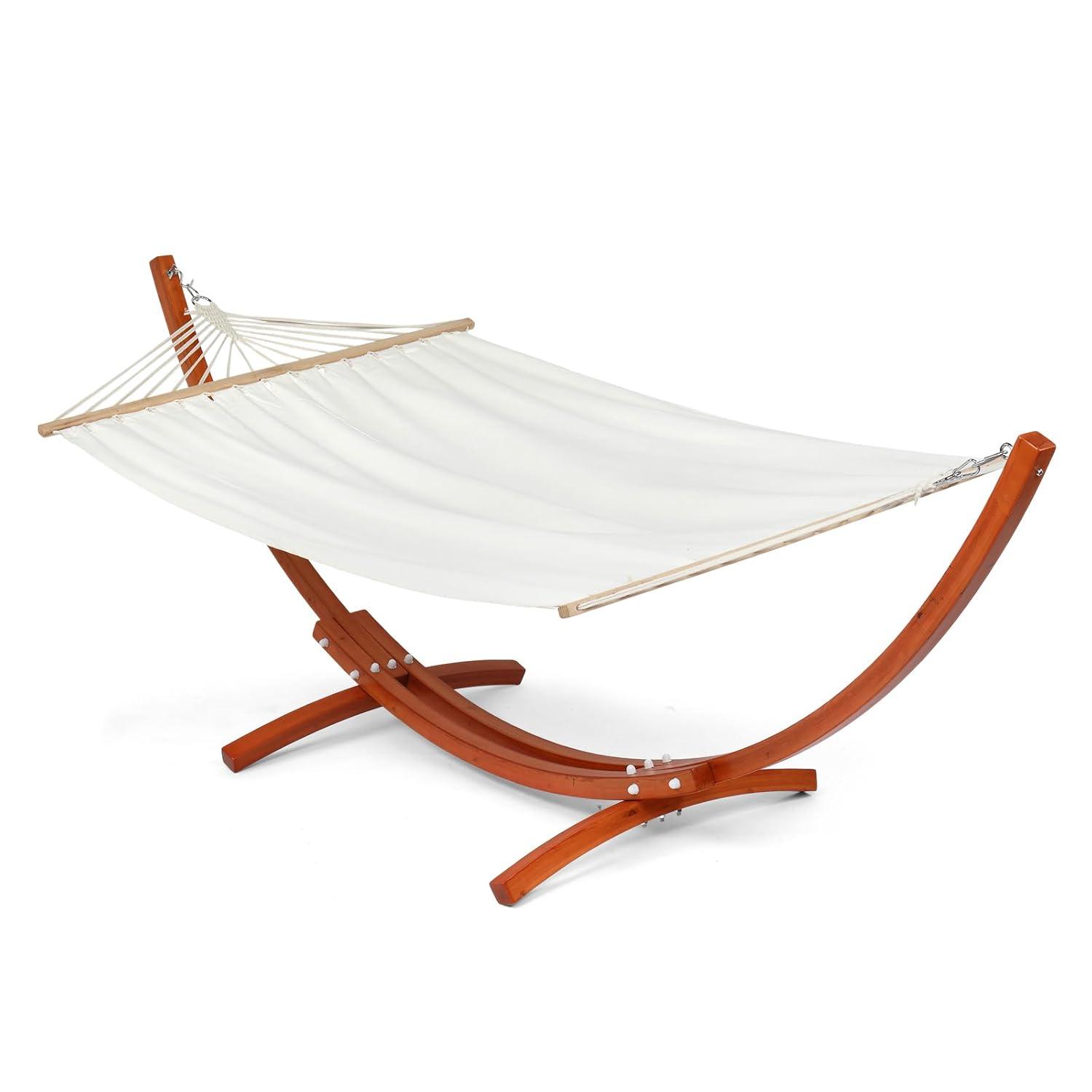 10.5 ft White Canvas Double Hammock with Pine Wood Arc Stand
