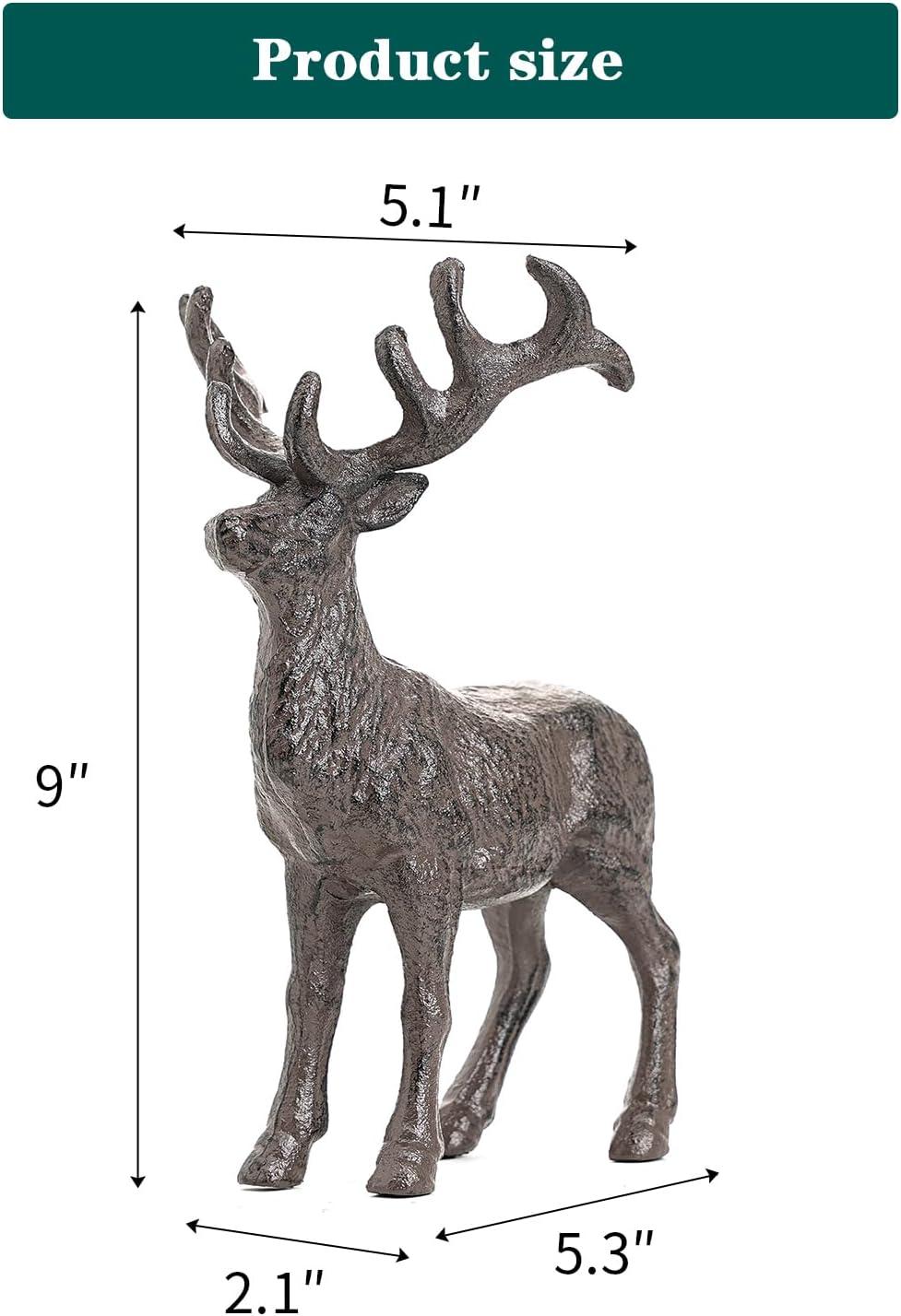 Sungmor Cast Iron Deer Statue, Christmas Reindeer Figurine, Rustic Brown Heavy Standing Elk Vintage Home Decor Sculpture, Indoor Outdoor Shelf Tabletop Holiday Decorations
