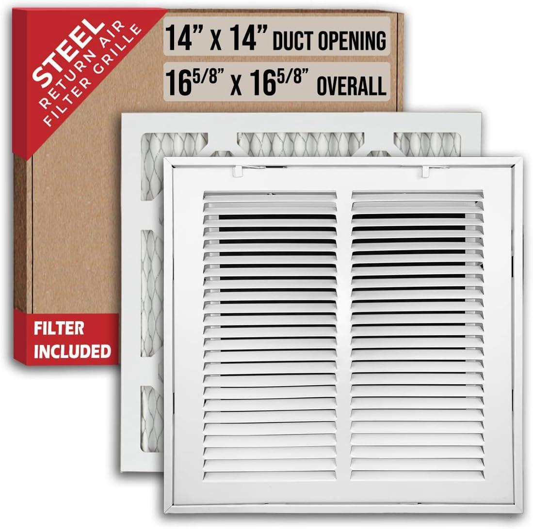 14x14 White Steel Return Air Filter Grille with Fixed Hinges