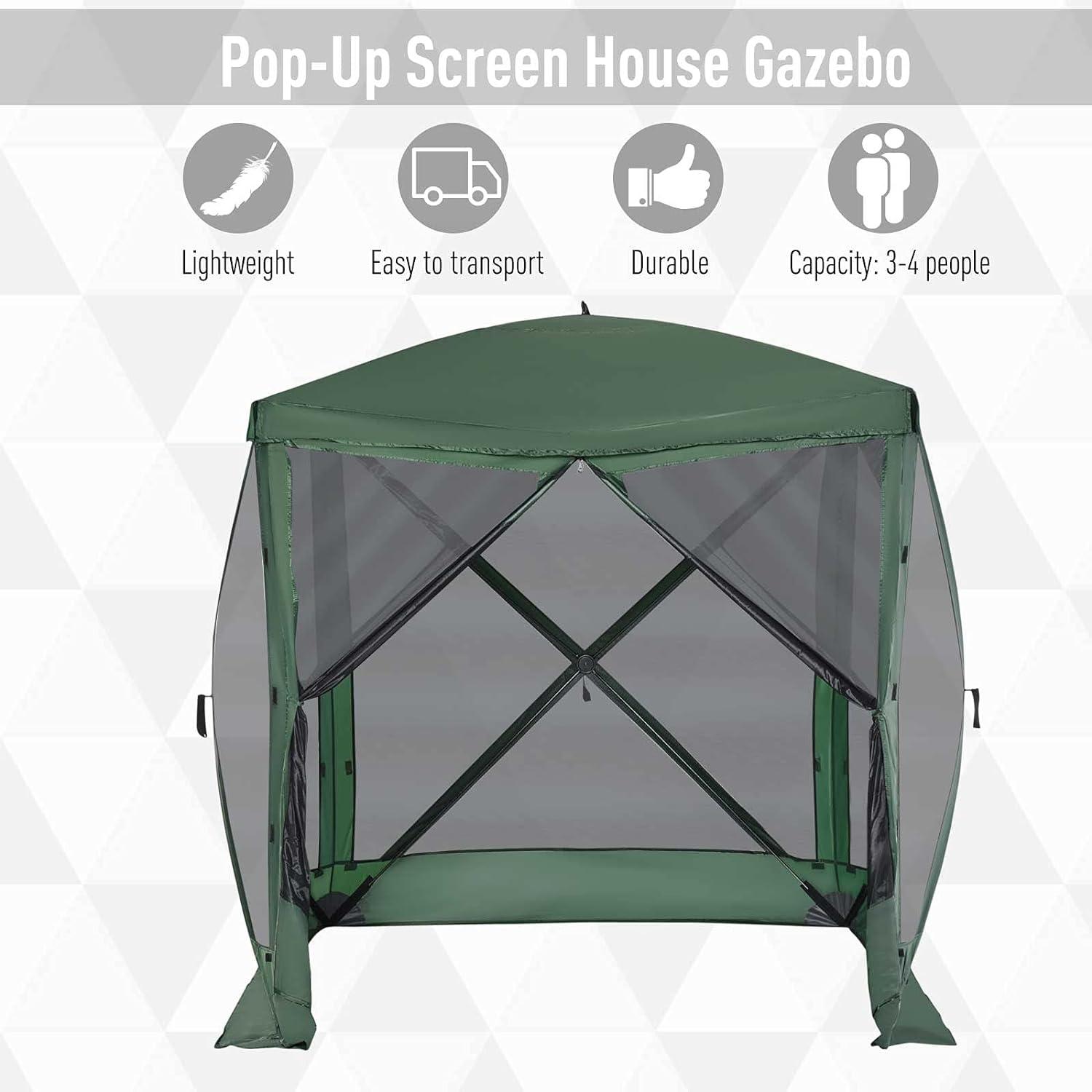 Outsunny Pop Up Camping Canopy Gazebo Screen Shelter Tent with Single Person Easy Set-Up, Ventilating Mesh, Portable Carry Bag for Outdoor Camping Party Event, 7x7FT, Green