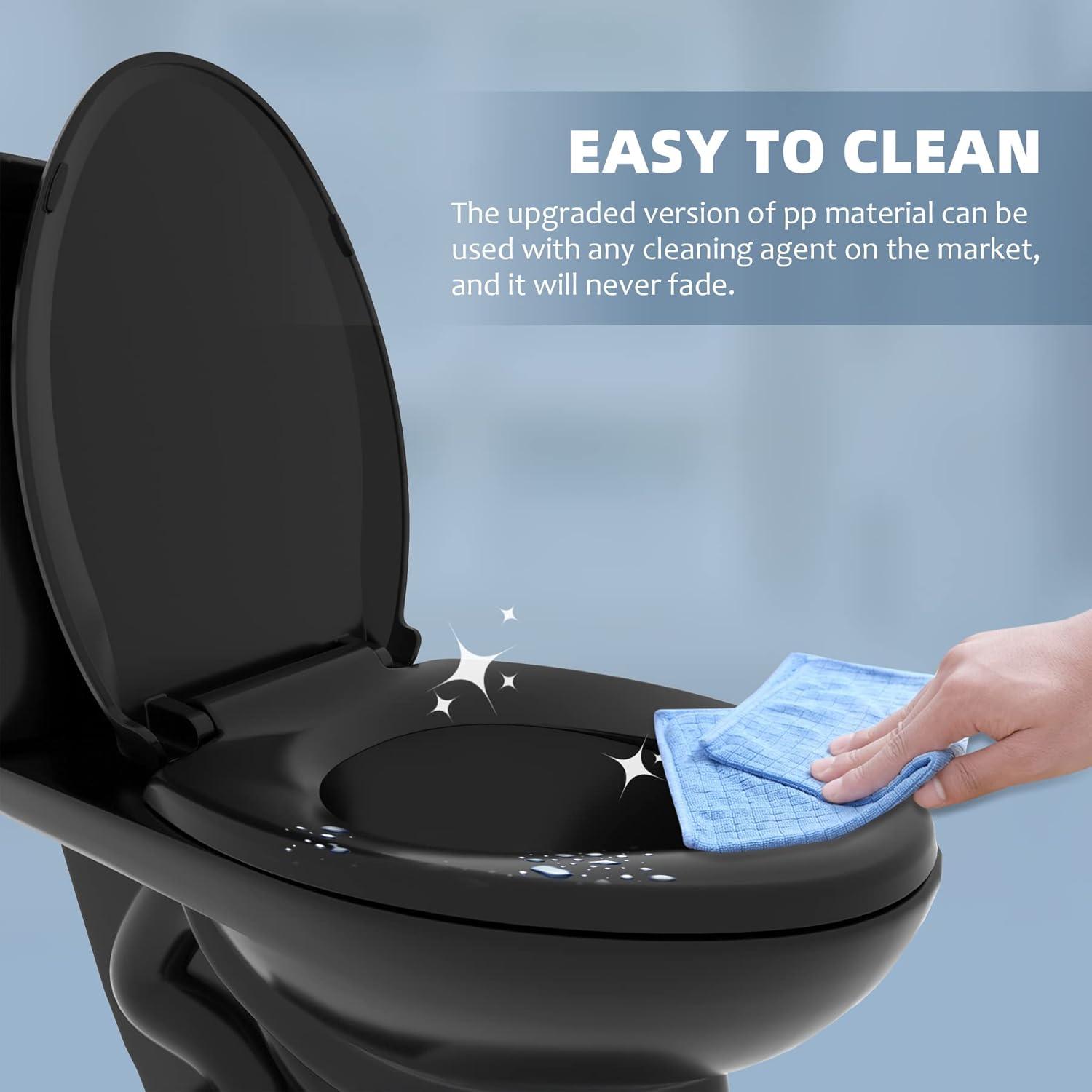 Elongated Toilet Seat, Slow Soft Close, Oval(Oblong) Toilet Seat For Elongated Toilets, Quiet-Close Lid And Seat, Easy To Install And Clean, Never Loosen, Black(18.5)