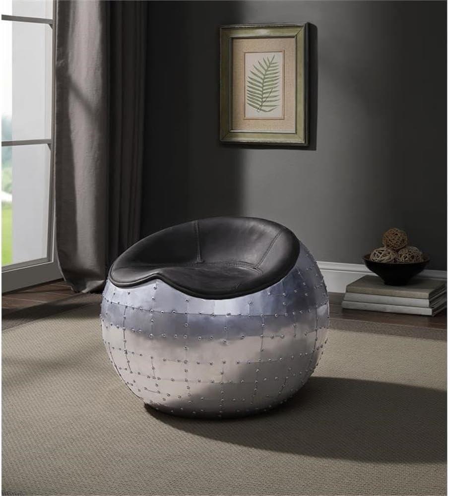 ACME Brancaster Leather Upholstered Ottoman in Antique Ebony and Aluminum