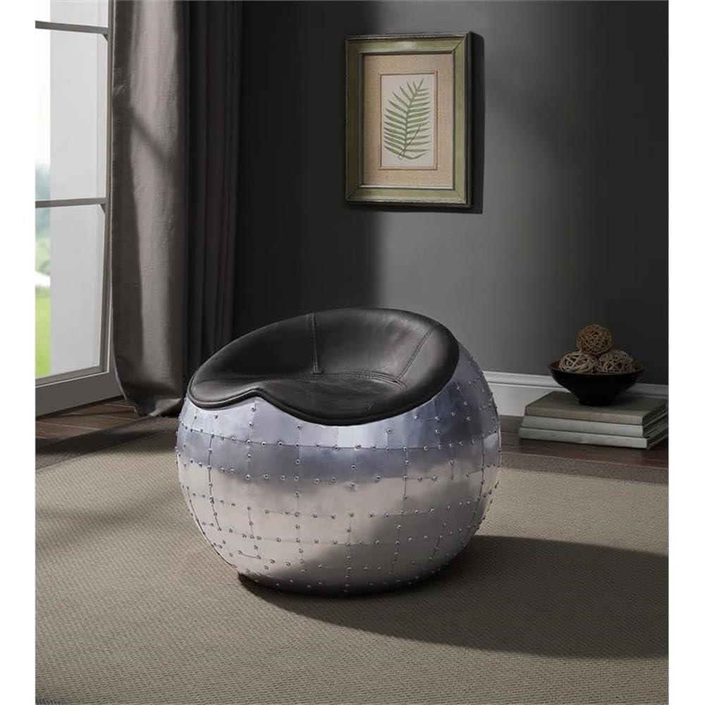 ACME Brancaster Leather Upholstered Ottoman in Antique Ebony and Aluminum
