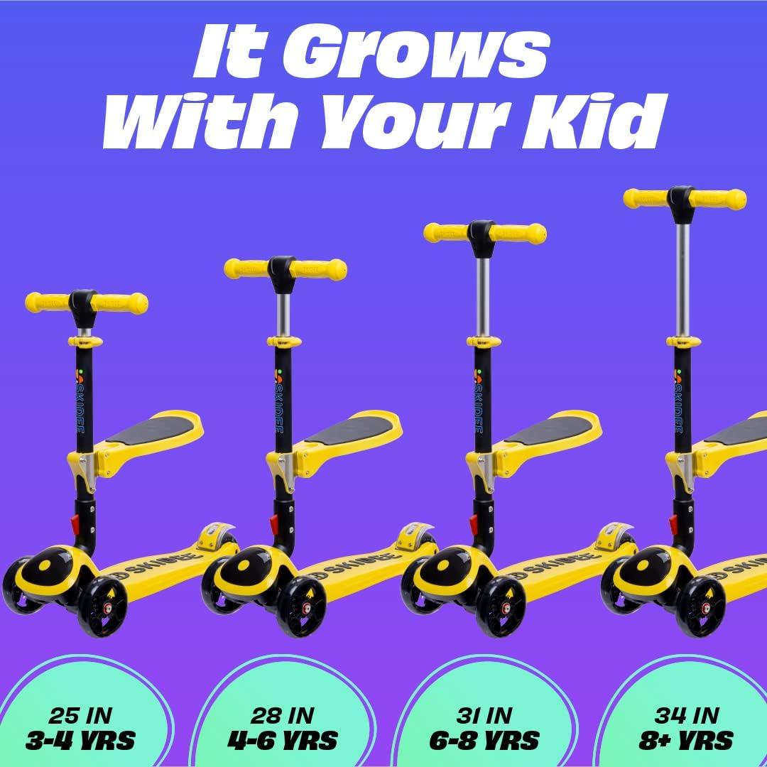 Skidee Kick Scooters for Kids, Adjustable Height, Foldable, LED Lights, Rear Brake, Ages 2-12, Yellow