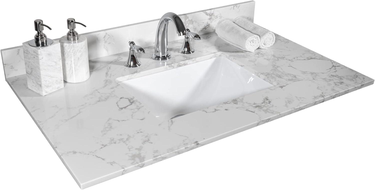 31 Carrara White Stone Bathroom Vanity Top with Rectangle Undermount Ceramic Sink, Backsplash, and 3 Faucet Holes - Modern Style for Bathroom Cabinet