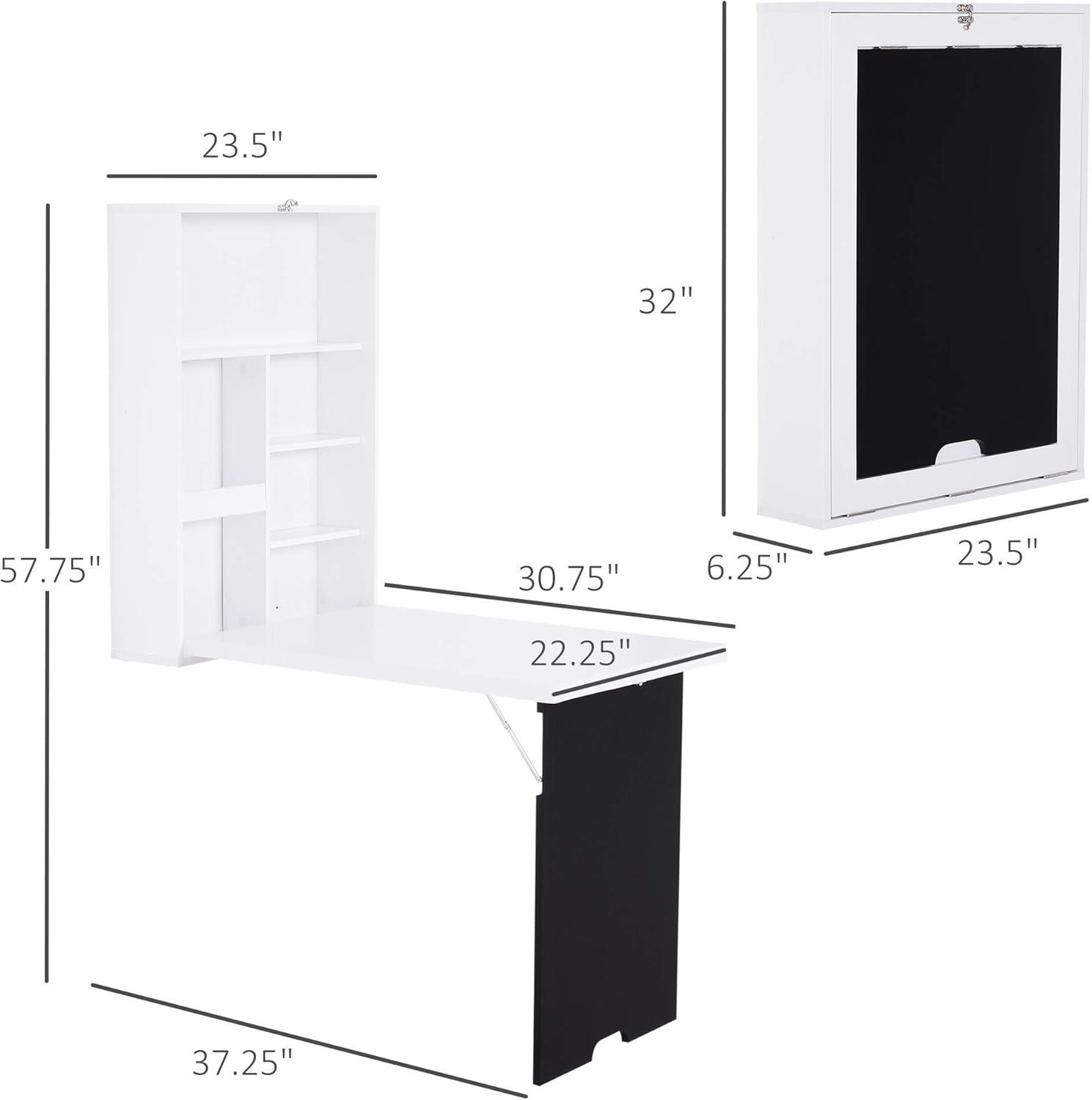 HOMCOM Wall Mounted Foldable Desk with a Blackboard, Fold Out Convertible Floating Desk with Shelves, White