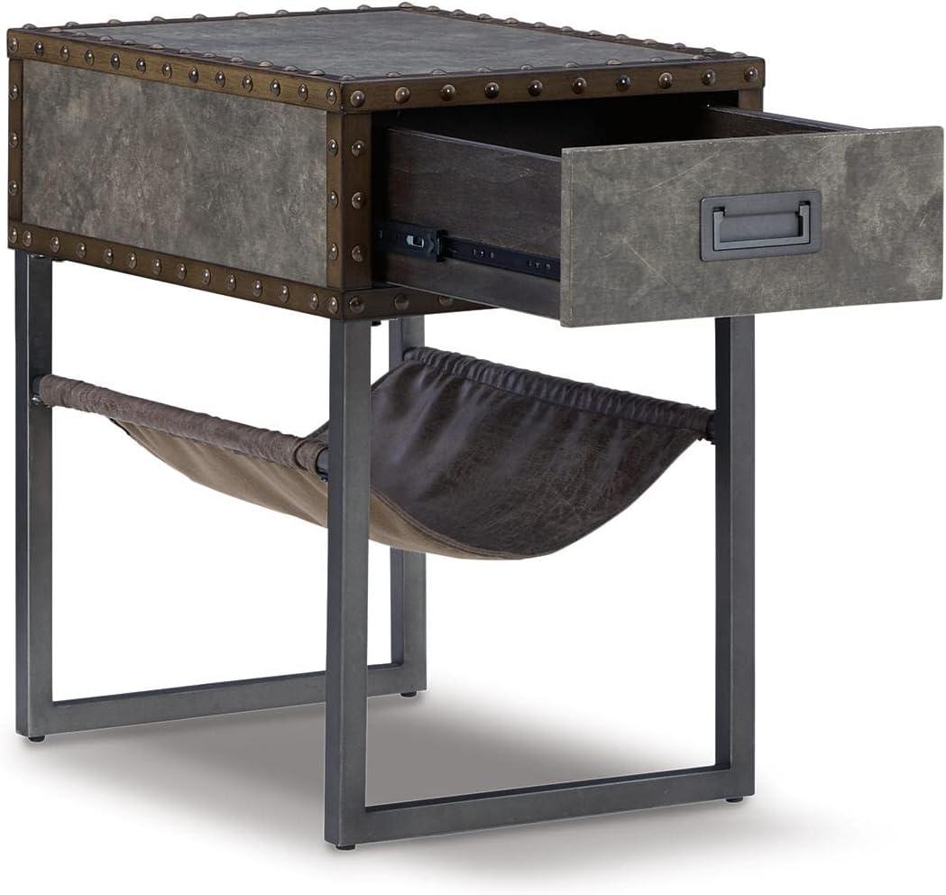 Modern Gray-Brown Chairside End Table with Metal Accents and Storage