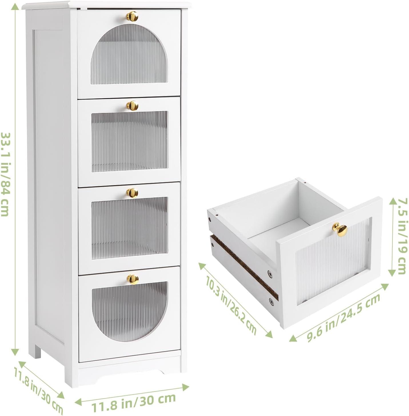 White Slim Wooden Storage Cabinet with Semitransparent Panels