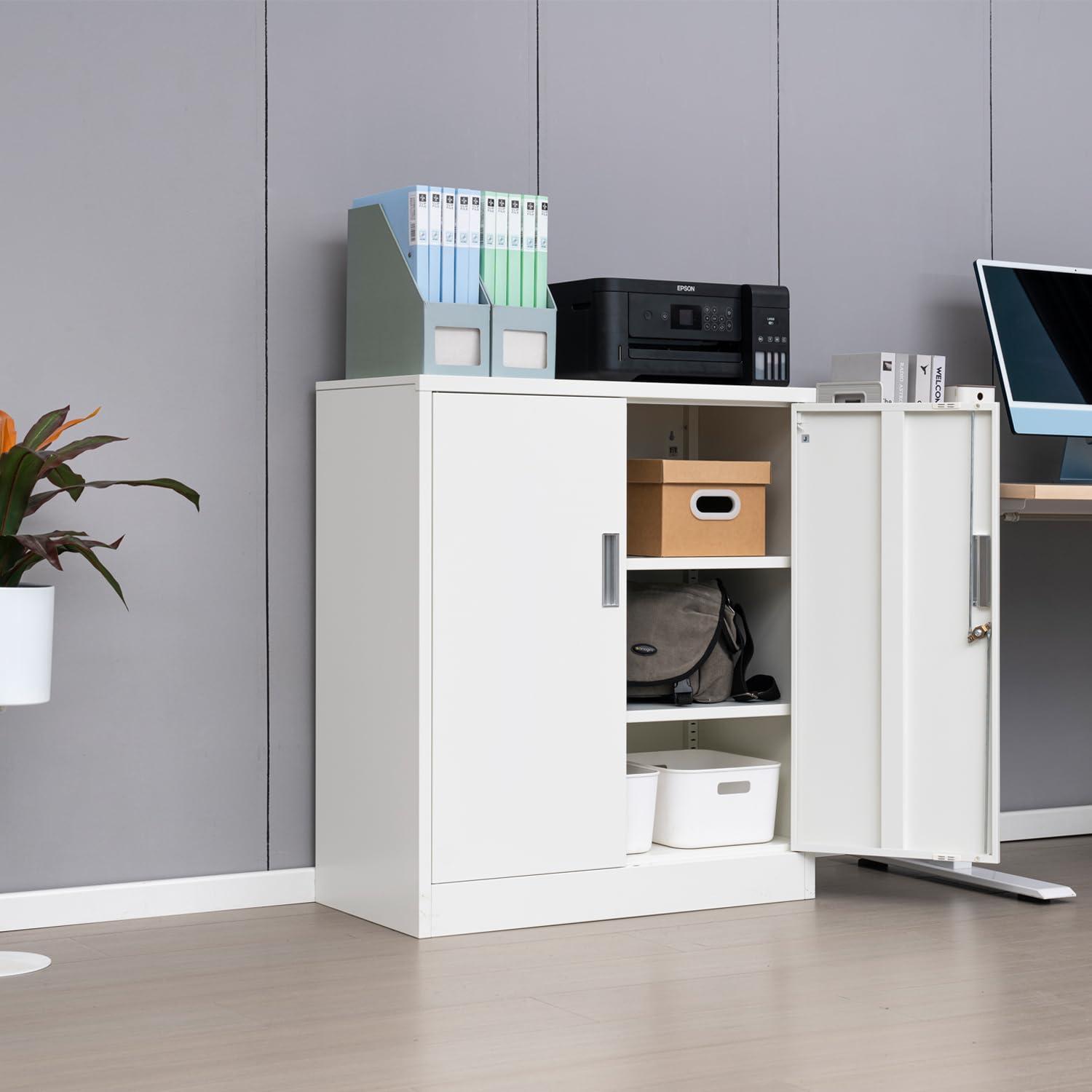 Metal Storage Cabinets with Shelves and Doors, Sideboard Buffet Cabinet for Kitchen, Entryway, Living Room, Home Office, Garage, Utility Room and Basement, 36.2" H x 31.5" W x 15.7" D (White)