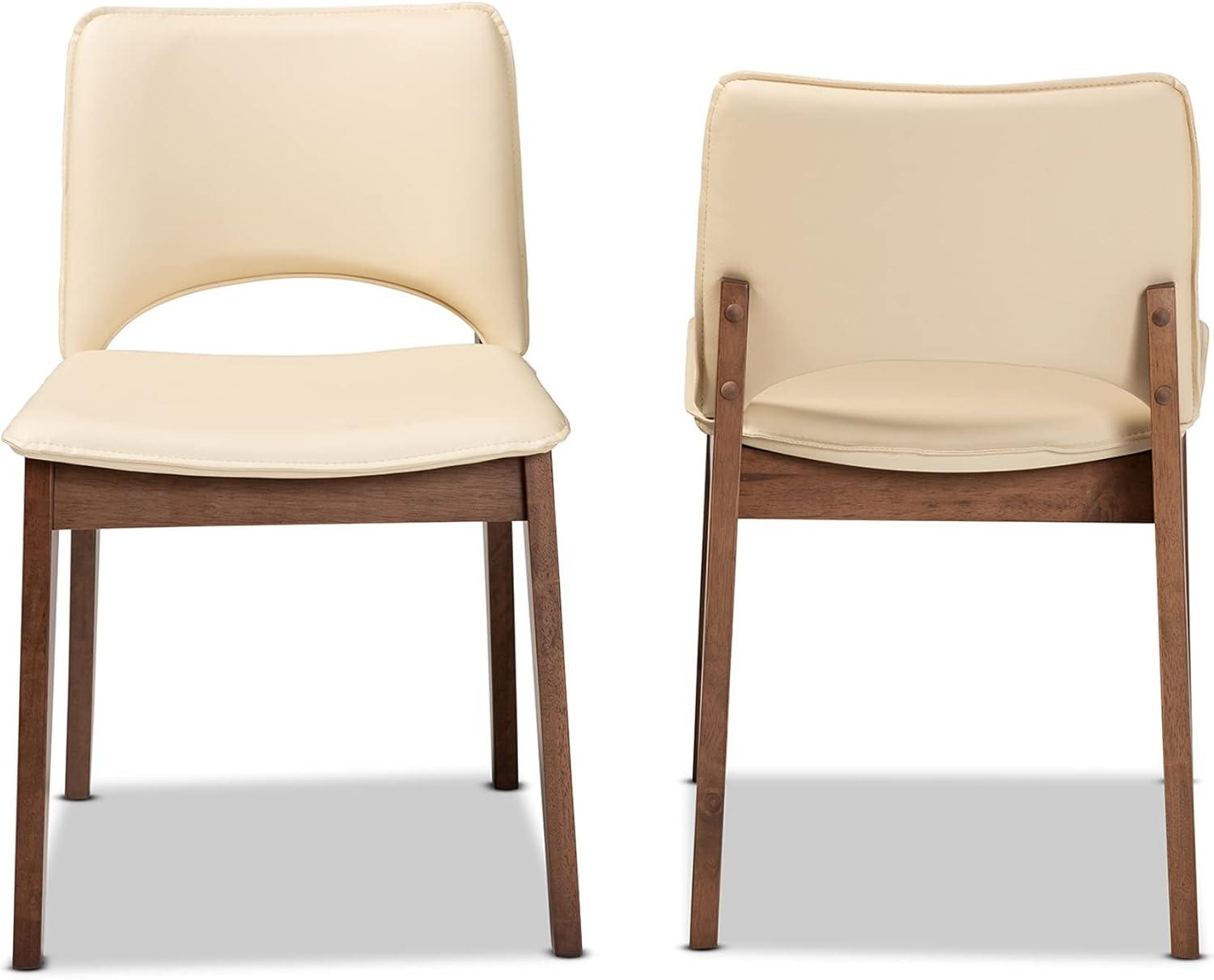 Beige Faux Leather Upholstered Dining Chairs with Walnut Wood Frame