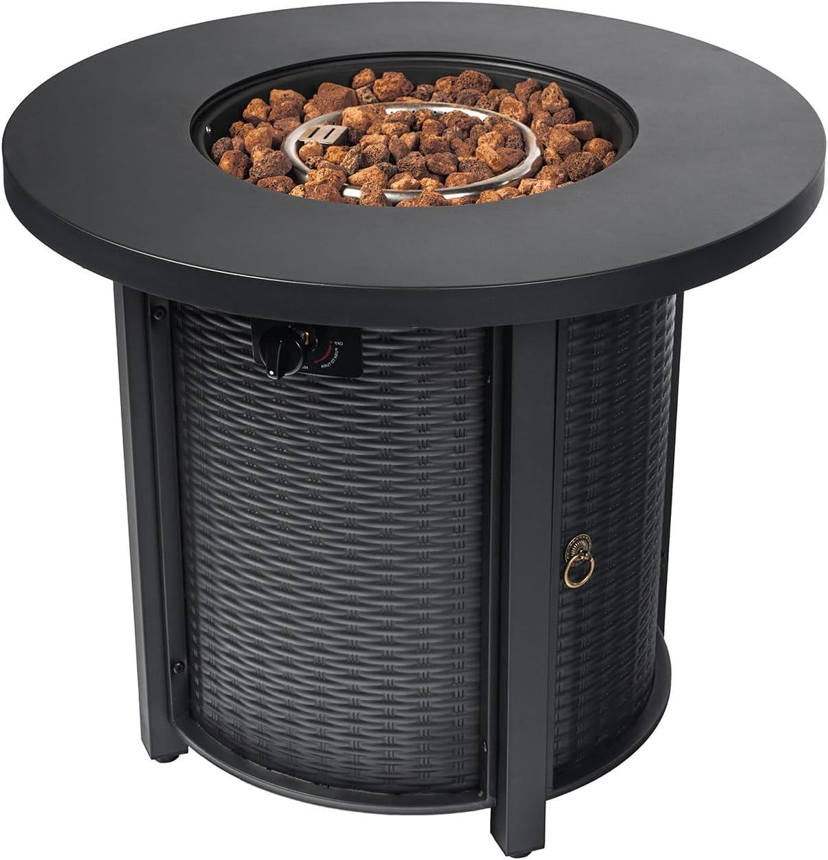 30 Inch Patio Round Fire Pit Table, 40,000 BTU Propane Gas Fire Table , Ceramic Tile Tabletop, Rattan-Like Fire Table for Backyard, Poolside