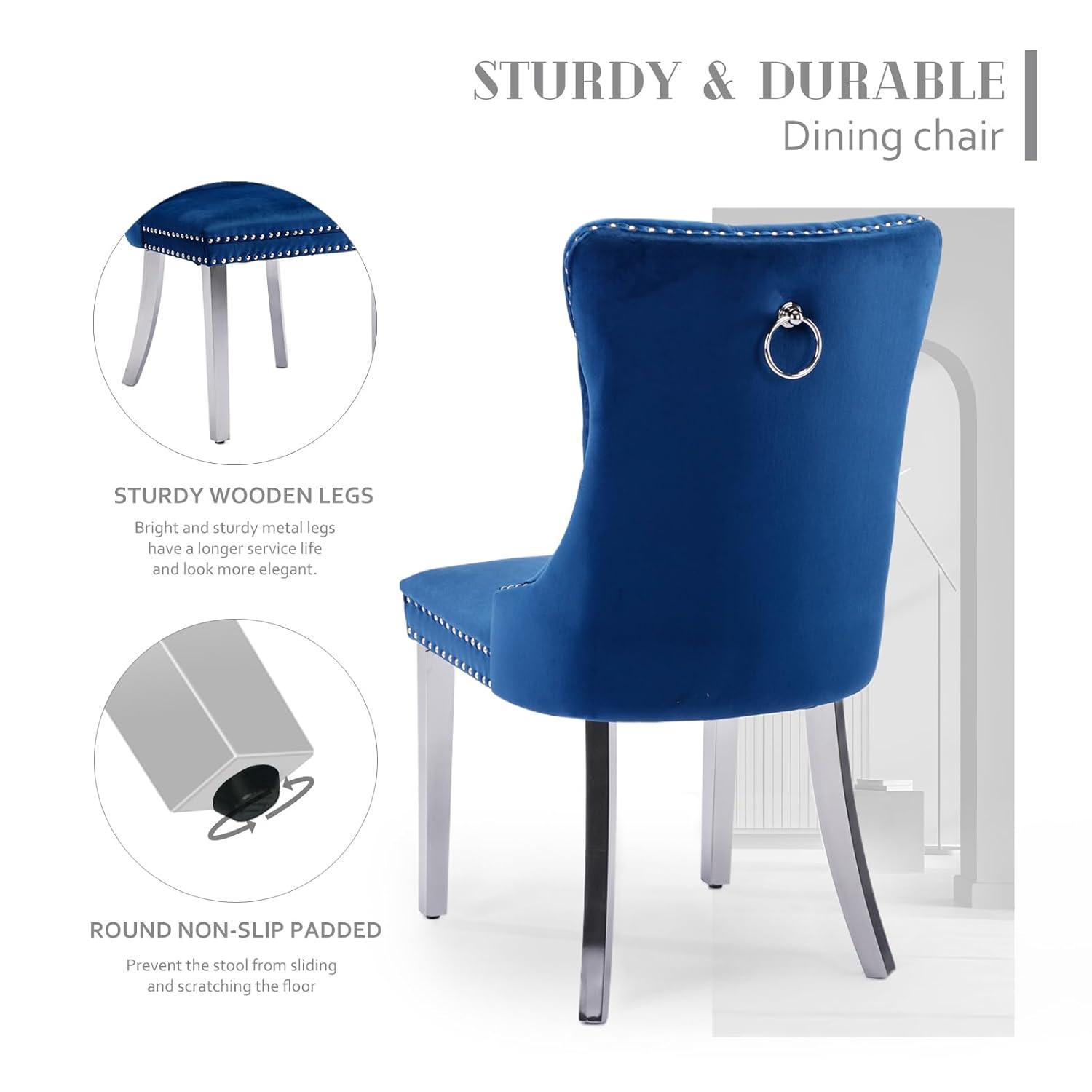 SoarFlash Velvet Dining Chair Set of 4, Upholstered Tufted Dining Room Chair with Nailhead Trim and Solid Silver Plated Leg for Kitchen (Blue)