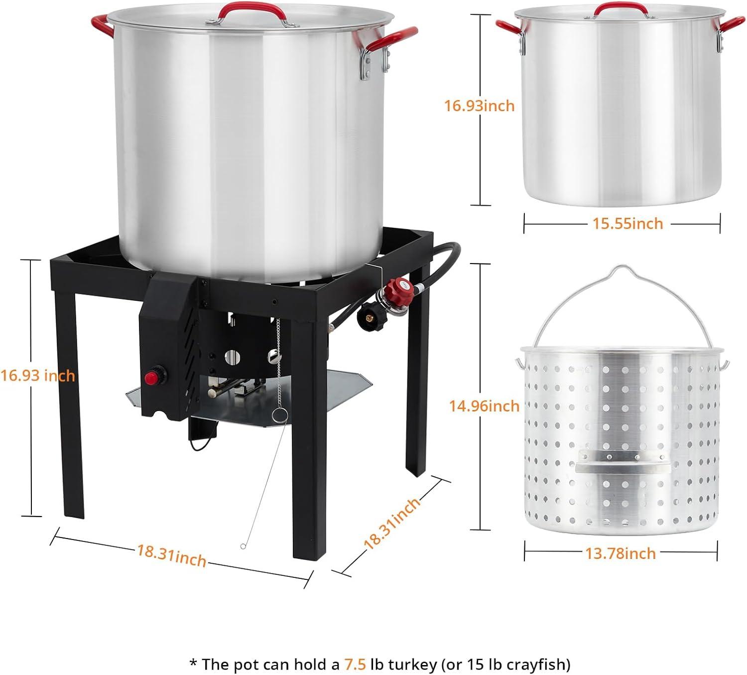 TROPOW 100 Qt Seafood Boil Pot,ACONEE Aluminum Crawfish Boiler w/Steam/Boil Basket & Strainer,110000 BTU Propane Stove Burner with Lifting Hook,10 PSI Regulator,Outdoor Cooking Shrimp Crab Boiler