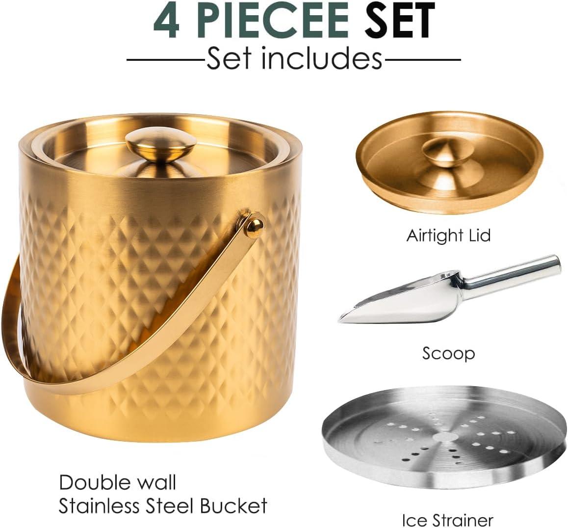 3L Double Wall Insulated Stainless Steel Ice Bucket with scoop & Strainer for Cocktail Bar,Metal Ice Bucket for freezer with Lid for parties.ice Container to Keep Ice Colder,bar cart accessories(gold)