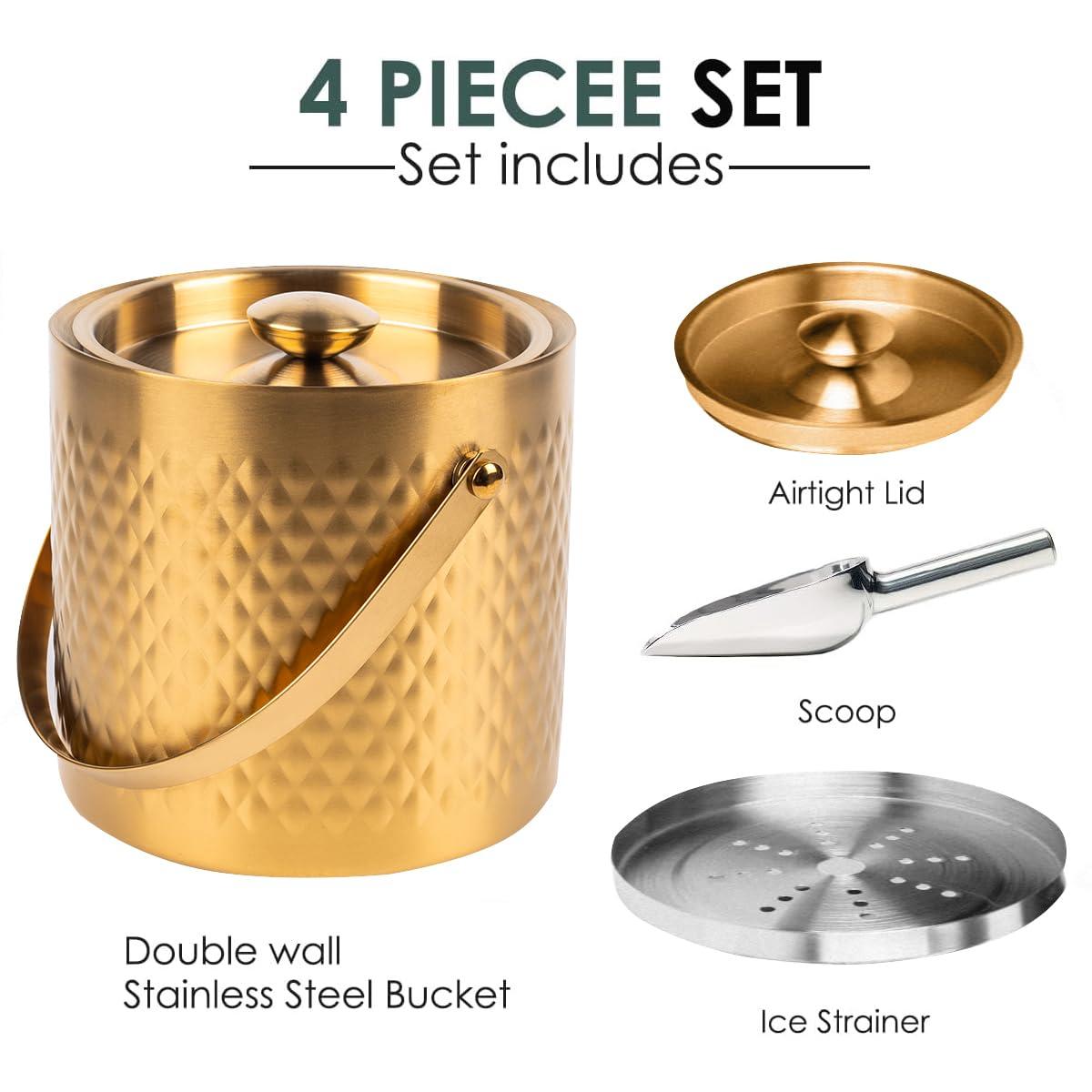 3L Double Wall Insulated Stainless Steel Ice Bucket with scoop & Strainer for Cocktail Bar,Metal Ice Bucket for freezer with Lid for parties.ice Container to Keep Ice Colder,bar cart accessories(gold)