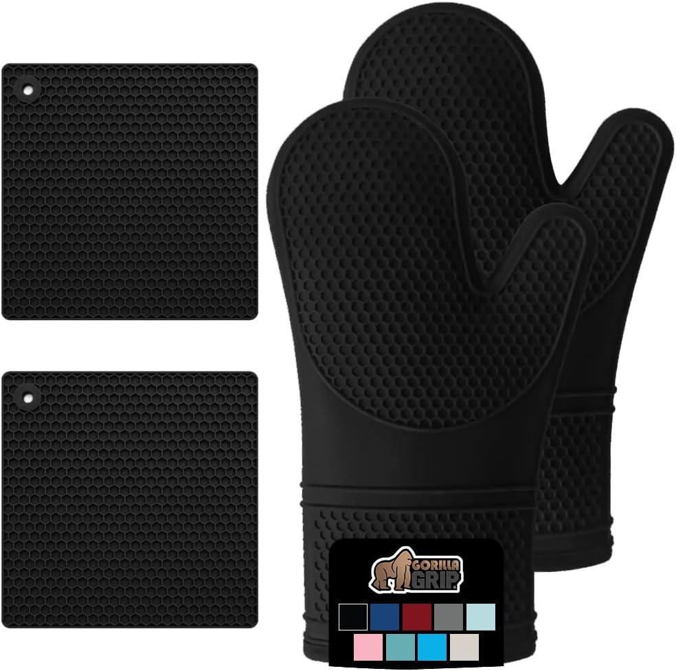 Black Silicone Oven Mitts and Trivets Set with Cotton Lining