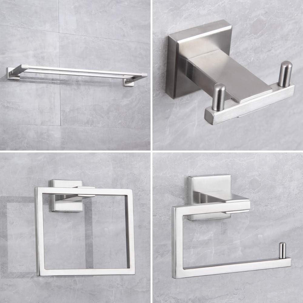 Brushed 4-Piece Bathroom Hardware Set Premium Stainless Steel Bath Towel Bar Sets Wall Mounted Square Bathroom Accessories Kit (Silver)