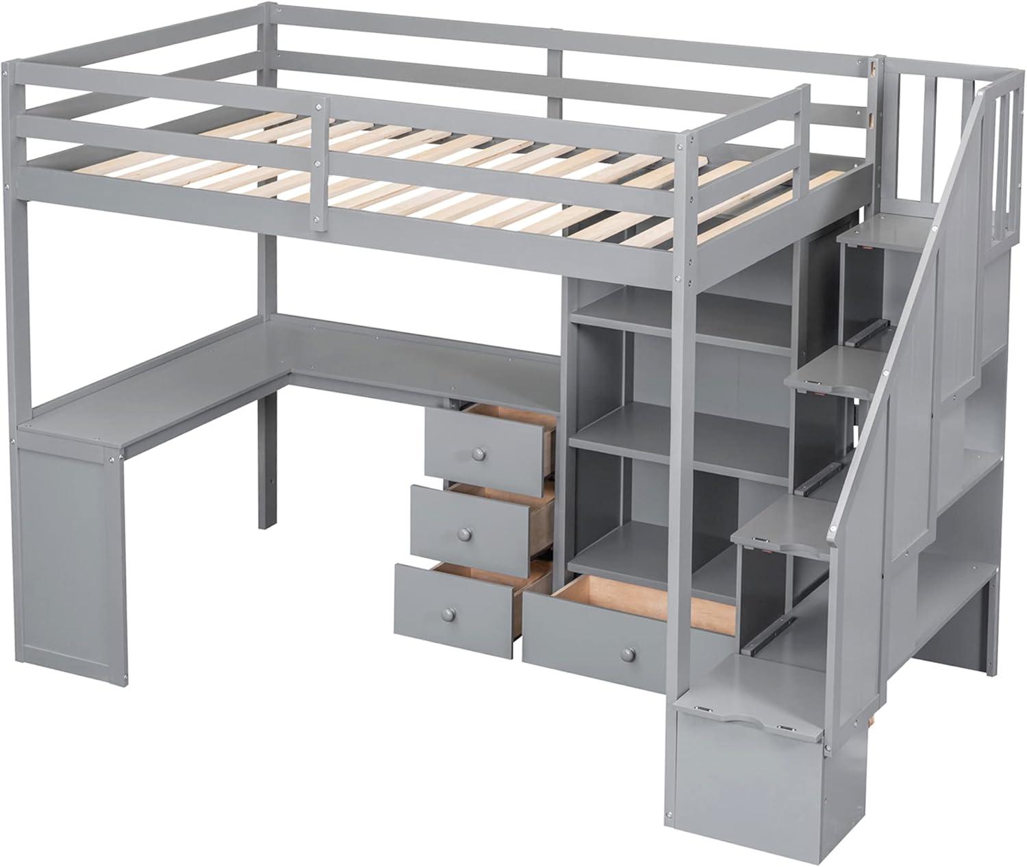 Twin Size Loft Bed with Staircase and L-Shaped Desk, Wooden Loft Bed with Storage Shelves and Drawers, Twin Loft Bunk Bed Frame for Kids Boys Girls Teens, No Box Spring Needed (Gray)