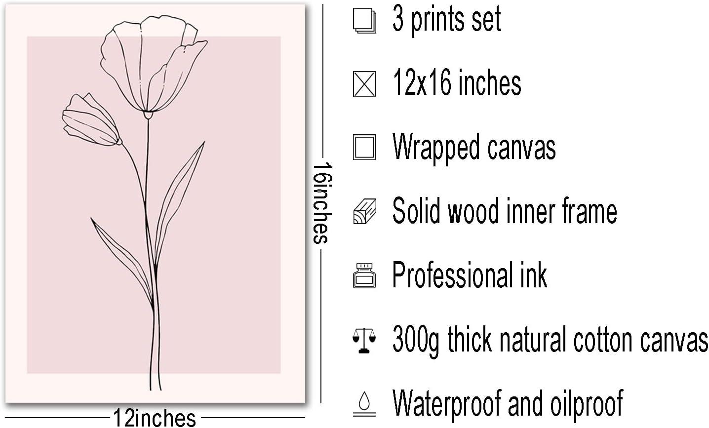 Lark Manor™ 3 Pieces Minimalism Botanical Canvas Wall Art Pink Flowers Line Plants Pictures Wall Decor Posters Print Artwork For Girls' Room Living Room Bedroom Bathroom Office Home Decoration