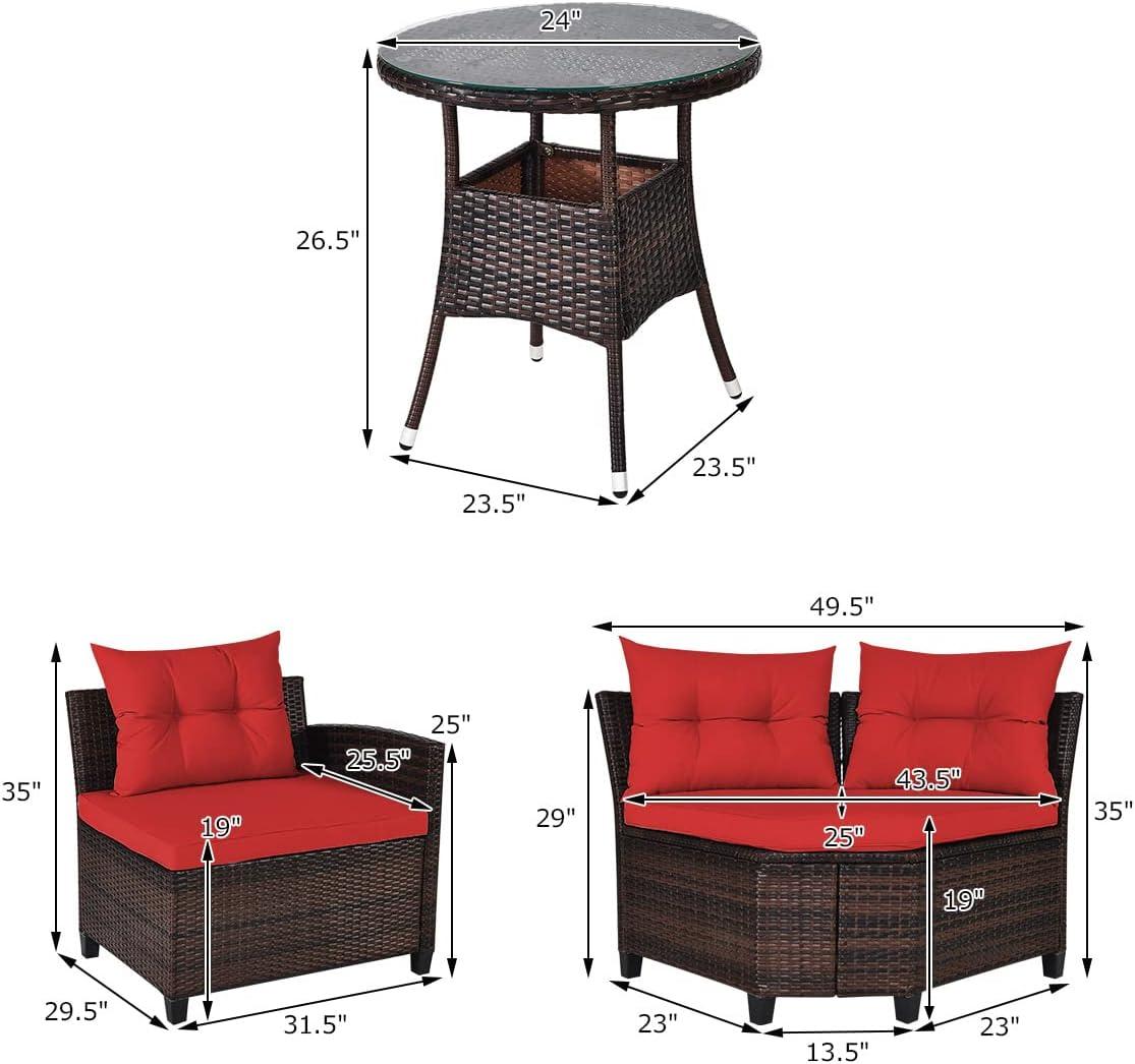 Costway 4PCS Outdoor Patio Rattan Furniture Set Cushioned Sofa Table Red