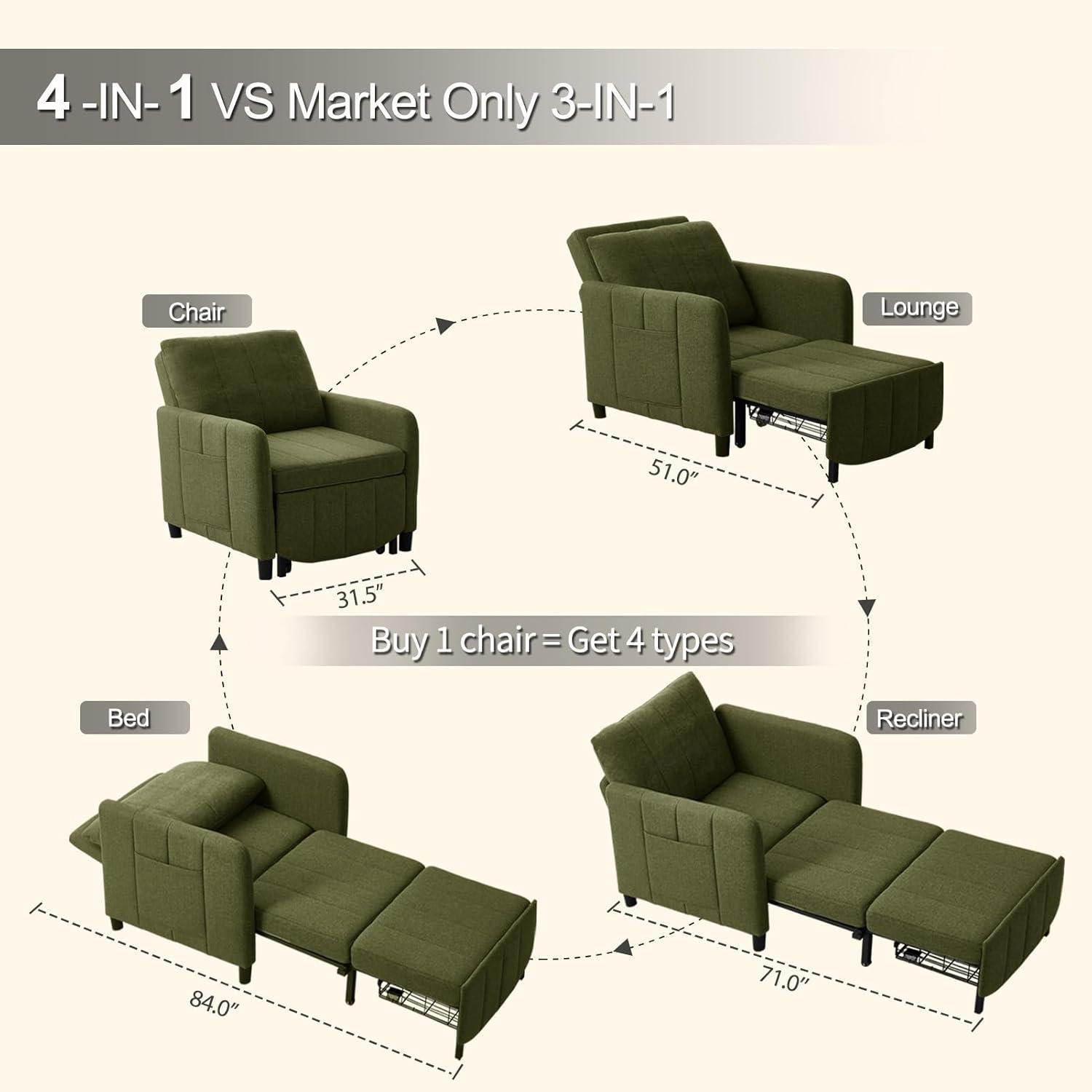 Sleeper Chair 84" Extra Long Convertible Chair Bed Upgraded 3-in-1 to 4-in-1 Pull Out Chair & Single Sofa Bed for Adult Sleeping Chair for Living Room Small Space (Modern Green)