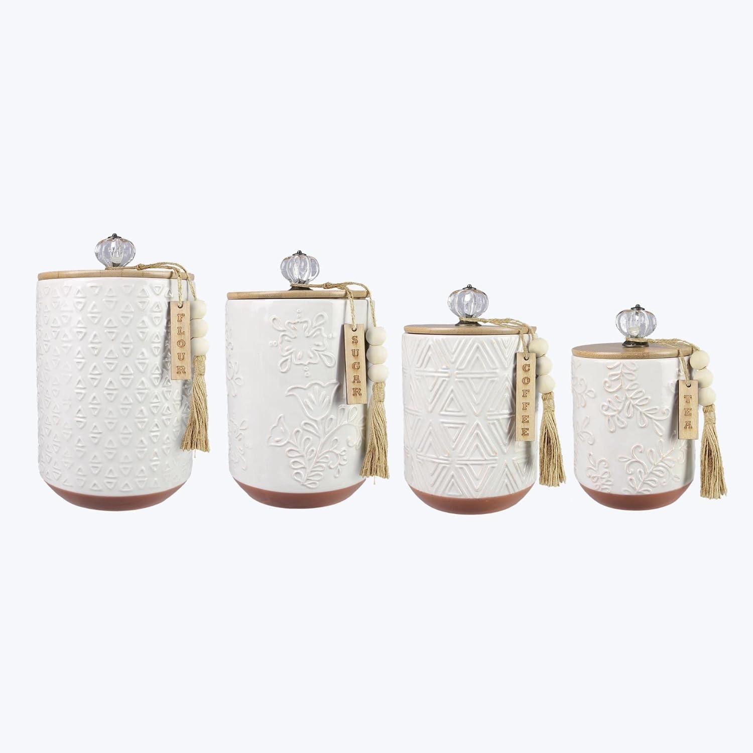 Set of 4 White Ceramic Canisters with Wood Lids and Tassel Accents