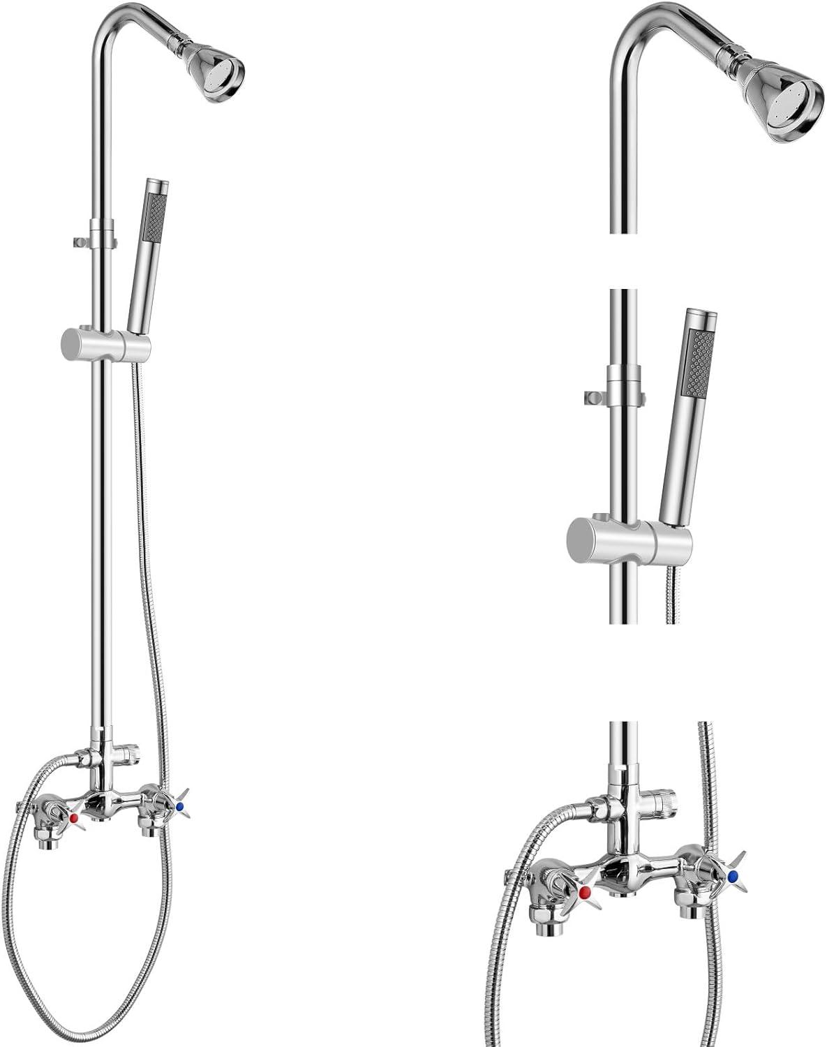 Aolemi Wall Mount Outdoor Shower Kit,Outdoor Shower Fixtures Faucet System with Handheld Spray,Double Handle 6 Inch Center Exposed Shower with Shower Head Polish Chrome
