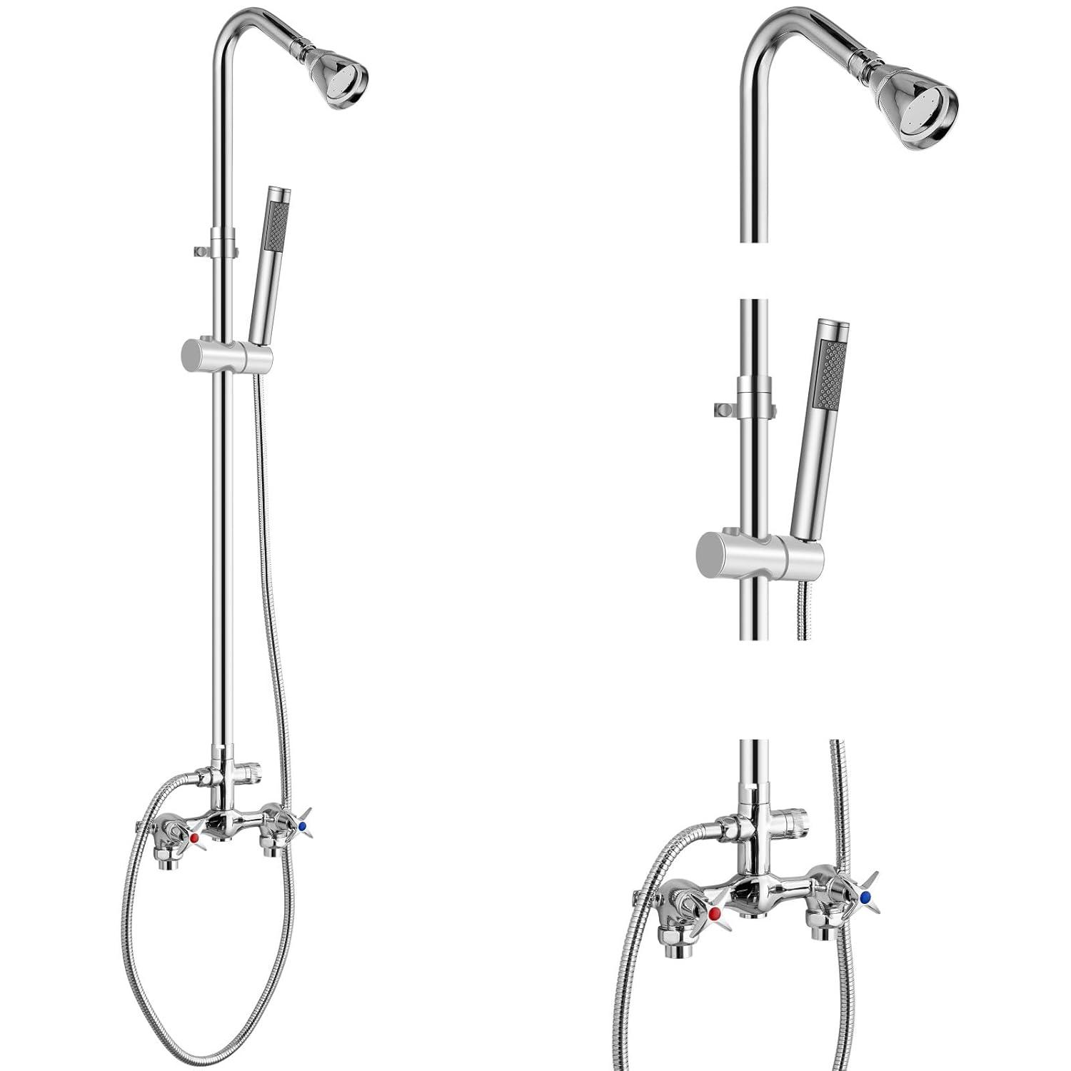Aolemi Wall Mount Outdoor Shower Kit,Outdoor Shower Fixtures Faucet System with Handheld Spray,Double Handle 6 Inch Center Exposed Shower with Shower Head Polish Chrome