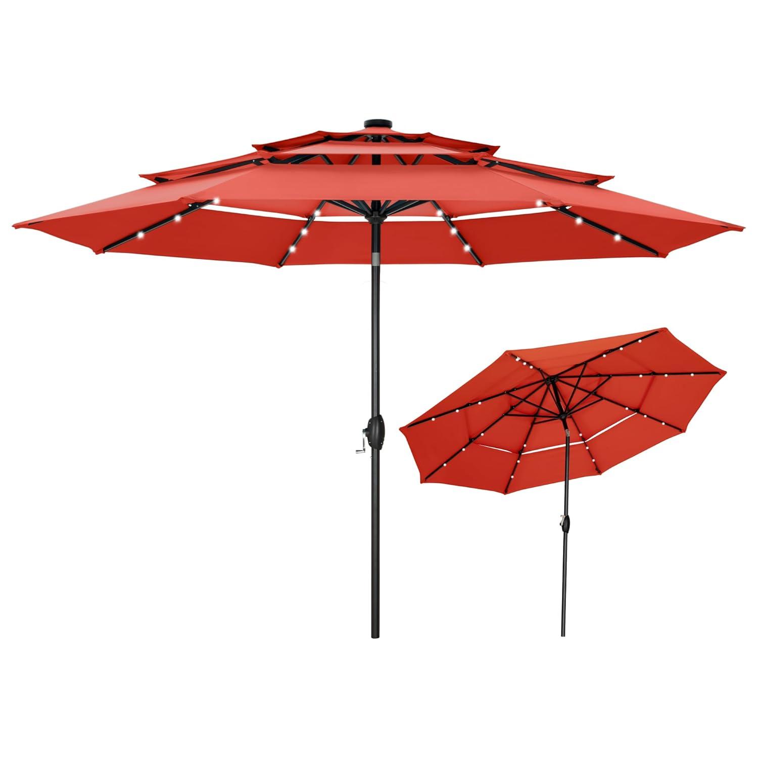 10ft Orange Red Polyester 3-Tier Vented Patio Umbrella with Auto-Tilt