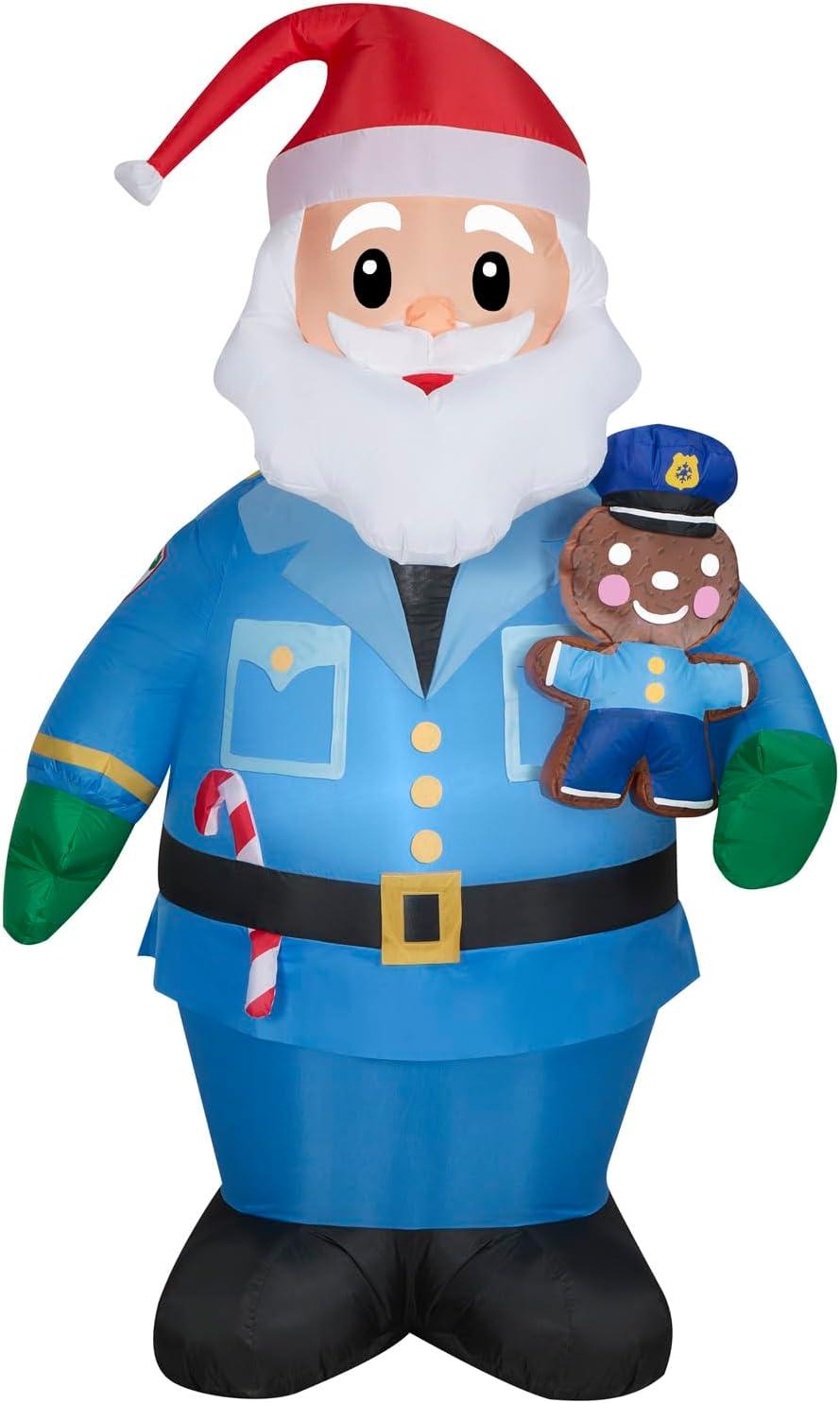 7' Gemmy Airblown Santa Claus as Policeman w/ Gingerbread Man Yard Decoration 881514