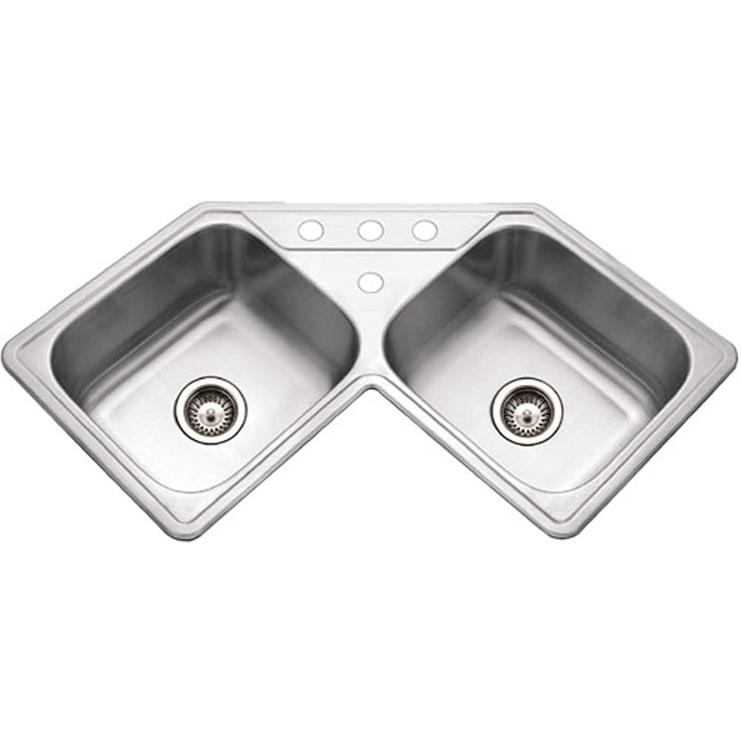 Houzer 32 in Stainless Topmount 4-hole 50/50 Double Corner Kitchen Sink w/ Strainer,Grid-LCR-3221-C