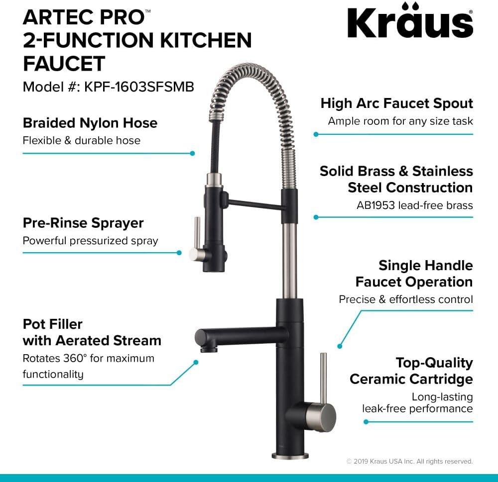 KRAUS Artec Pro 2-Function Commercial Style Pre-Rinse Kitchen Faucet with Pull-Down Spring Spout and Pot Filler