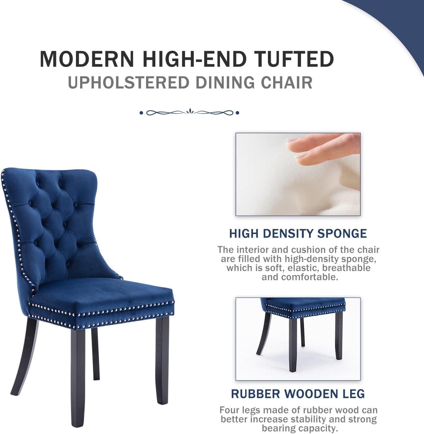 Modern Velvet Upholstered Dining Chairs with Back Button Nailhead Trim Accent Side Chairs with Wood Legs for Kitchen Dining Room(Blue,Set of 4)