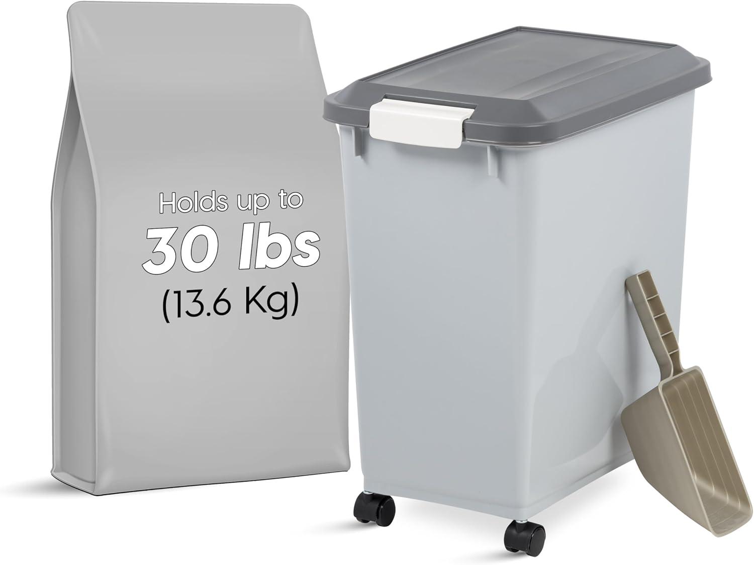 IRIS USA 40lbs Dog Food Storage Container with Wheels, 2-Cup Scoop, Gray/Dark Gray