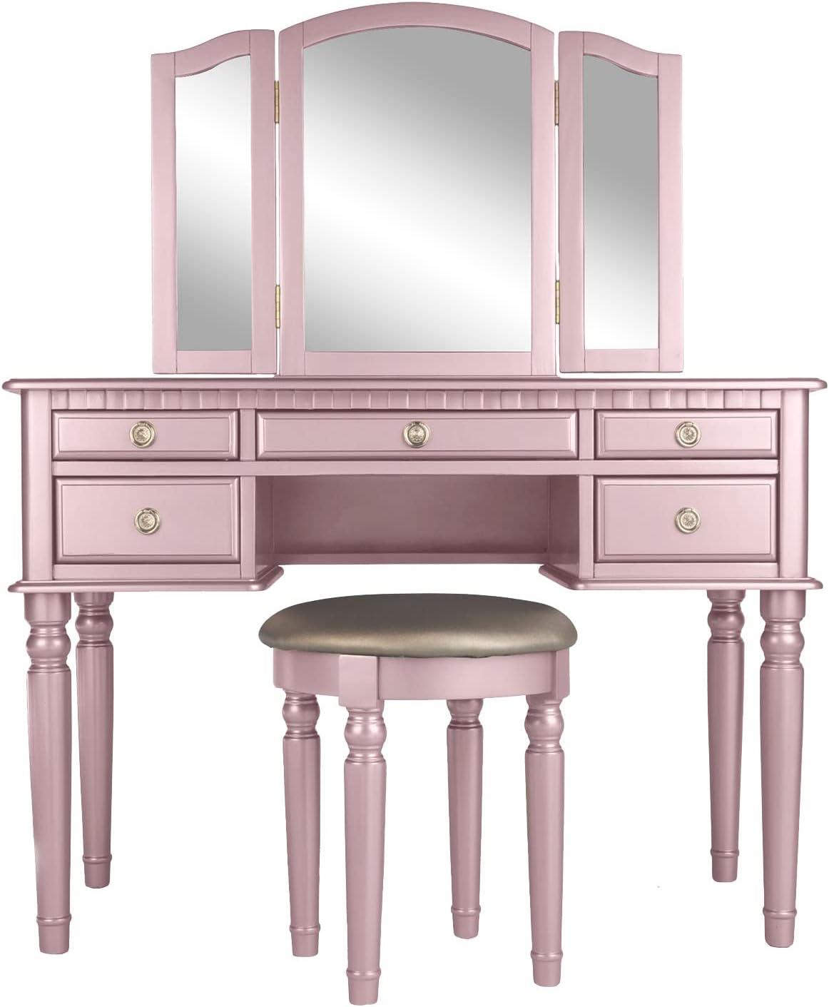 Elegant Rose Gold Vanity Set with Plush Stool and Foldable Mirror