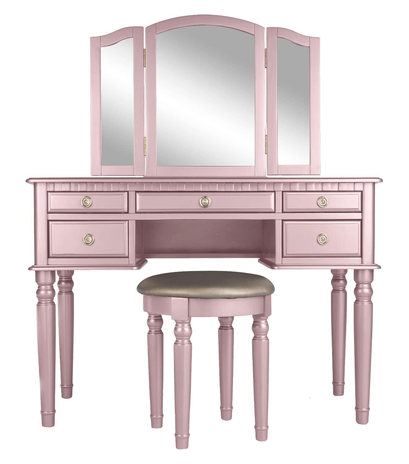 Poundex Furniture Wood Vanity Set with Mirror and Stool in Pink Rose Gold Color